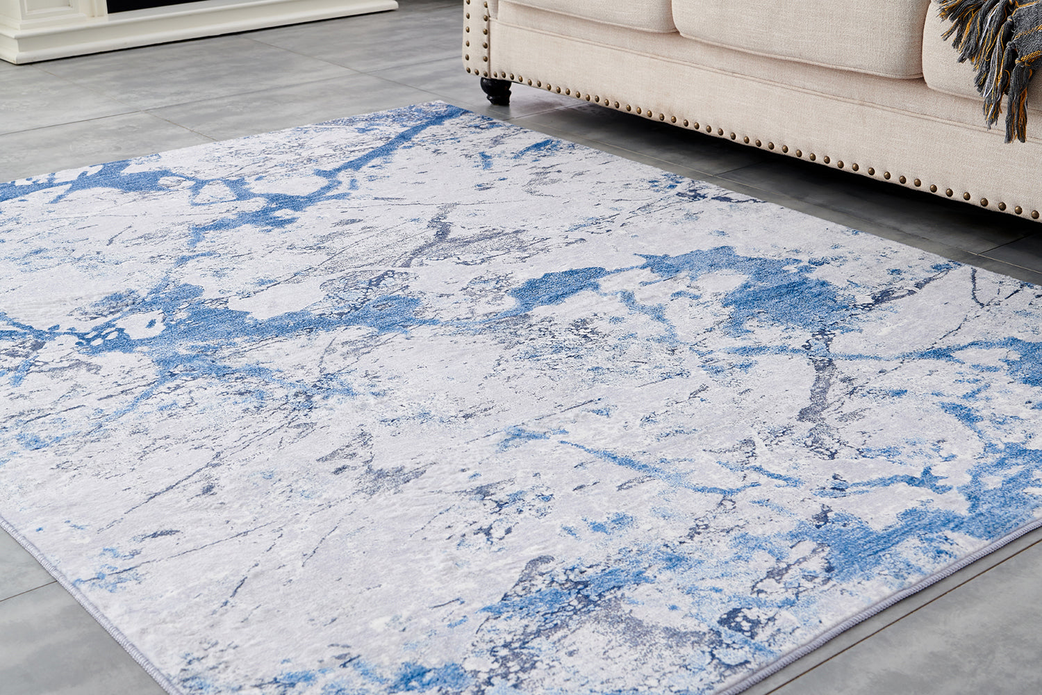 ZARA Collection Abstract Design Silver Blue Machine Washable Super Soft Area Rug