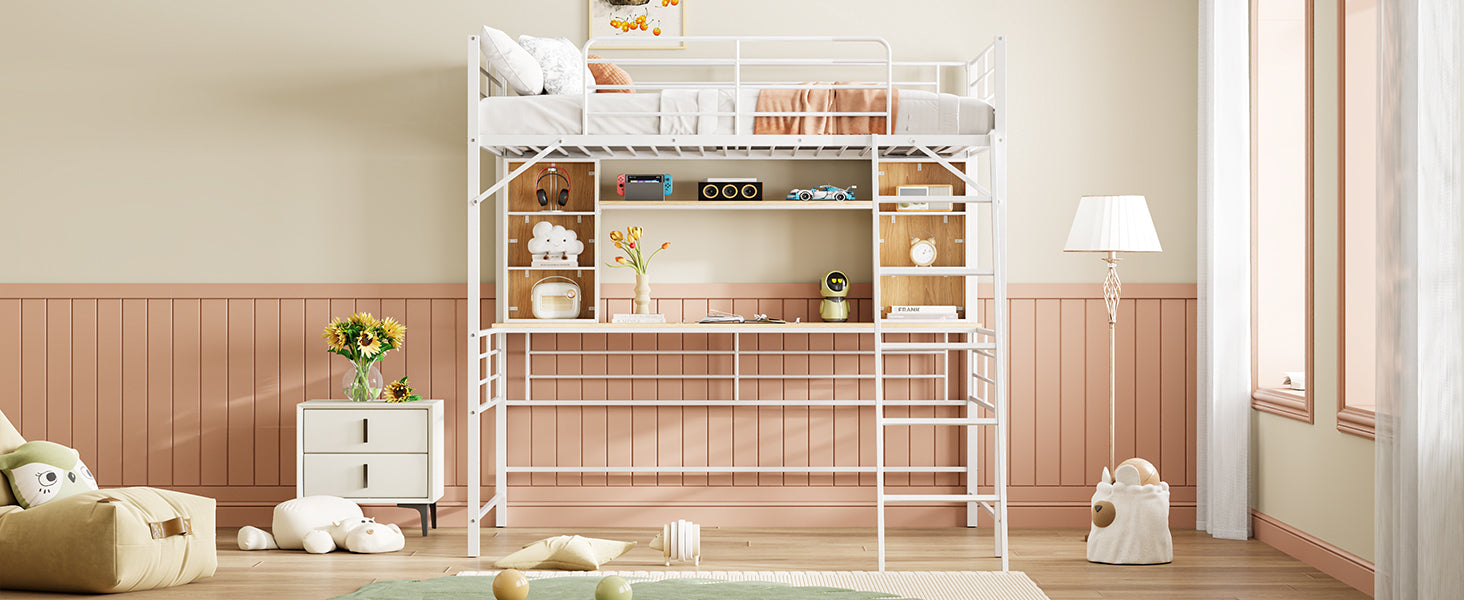 Full Size Loft Bed with Desk and Shelf, Loft Bed with Ladder,Full,White