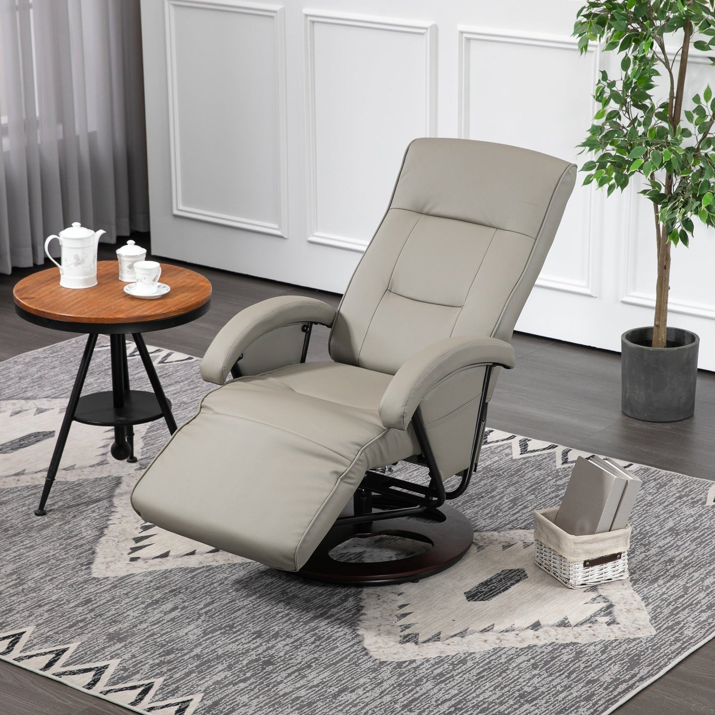 HOMCOM PU Recliner with Footrest, Lounge Chair with 135° Adjustable Backrest, Swivel Wood Base, Padded Seat & Armrests for Living Room, Gray