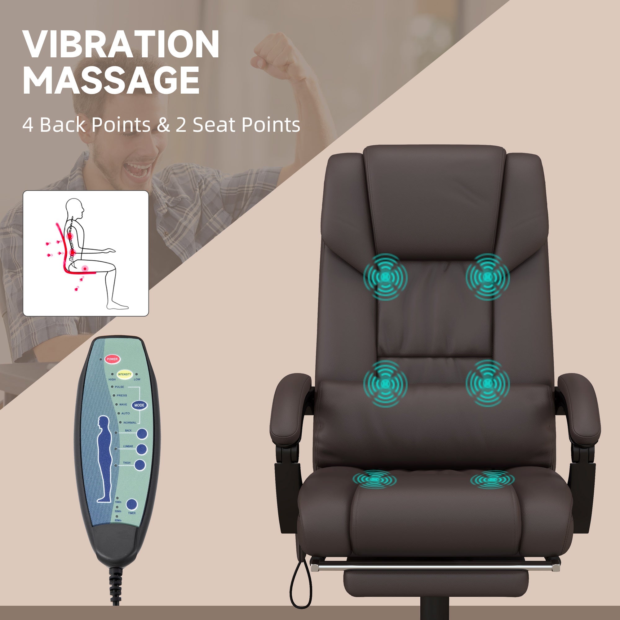 High Back Vibration Massage Office Chair with 6 Points, Hight Adjustable Computer Desk Chair, Reclining Office Chair with Retractable Footrest and Remote, Brown