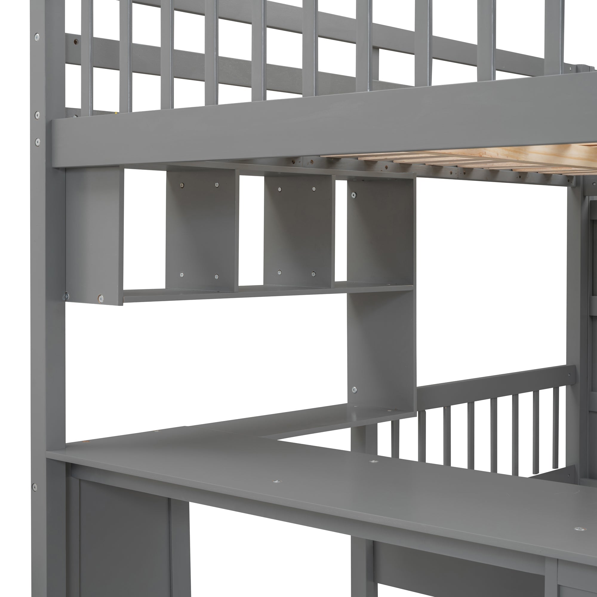 Full Over Twin Bunk Bed with Desk, Drawers and Shelves, Gray