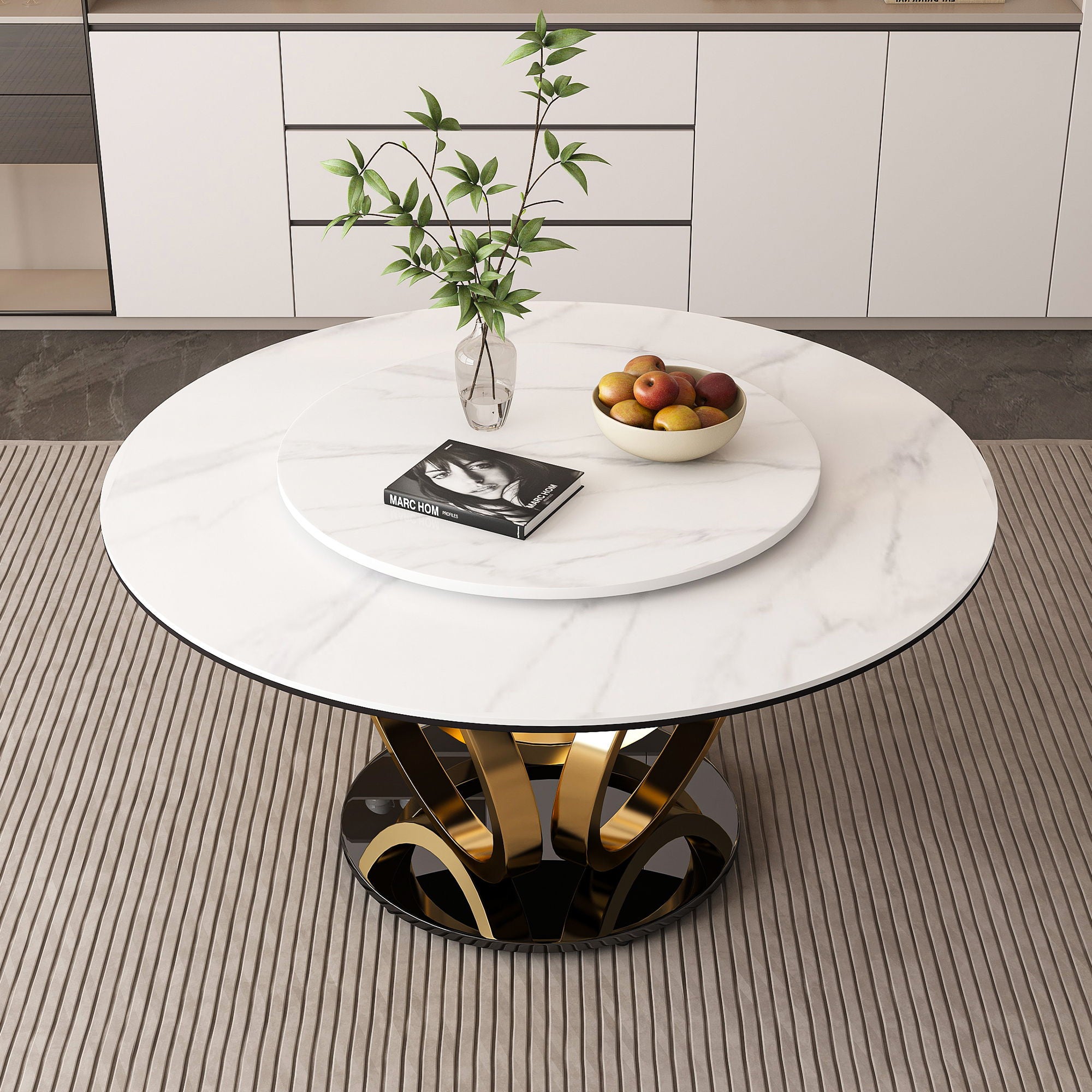 Round Dining Table With 360° Smooth Lazy Susan For Dining Room - Gold / Black / White