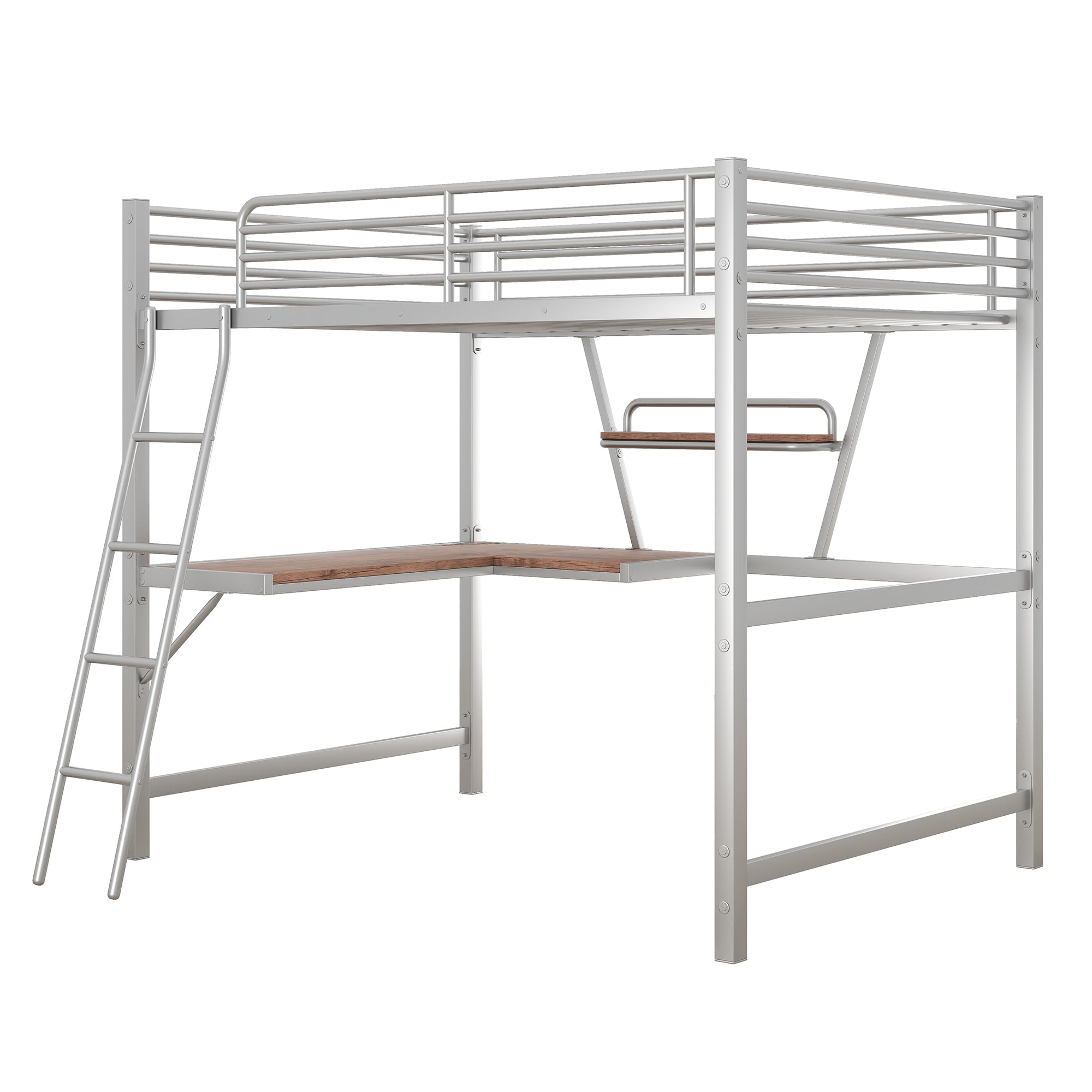 Full Size Loft Metal&MDF Bed with Desk and Shelf, Silver