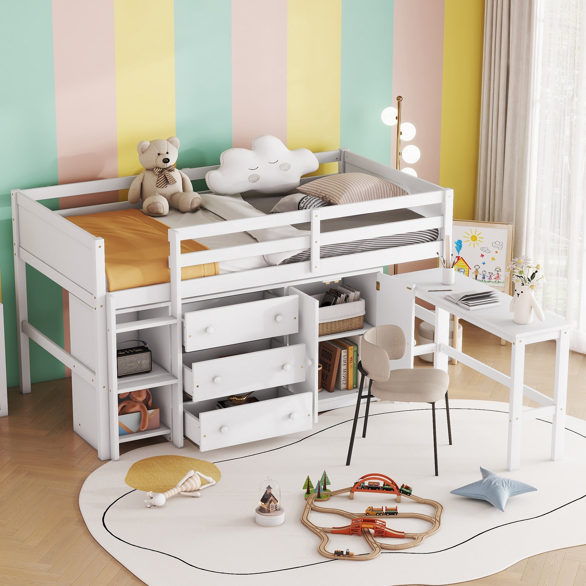 Twin Size Low Loft Bed With Pull-Out Desk, Drawers, Cabinet, and Shelves for White Color