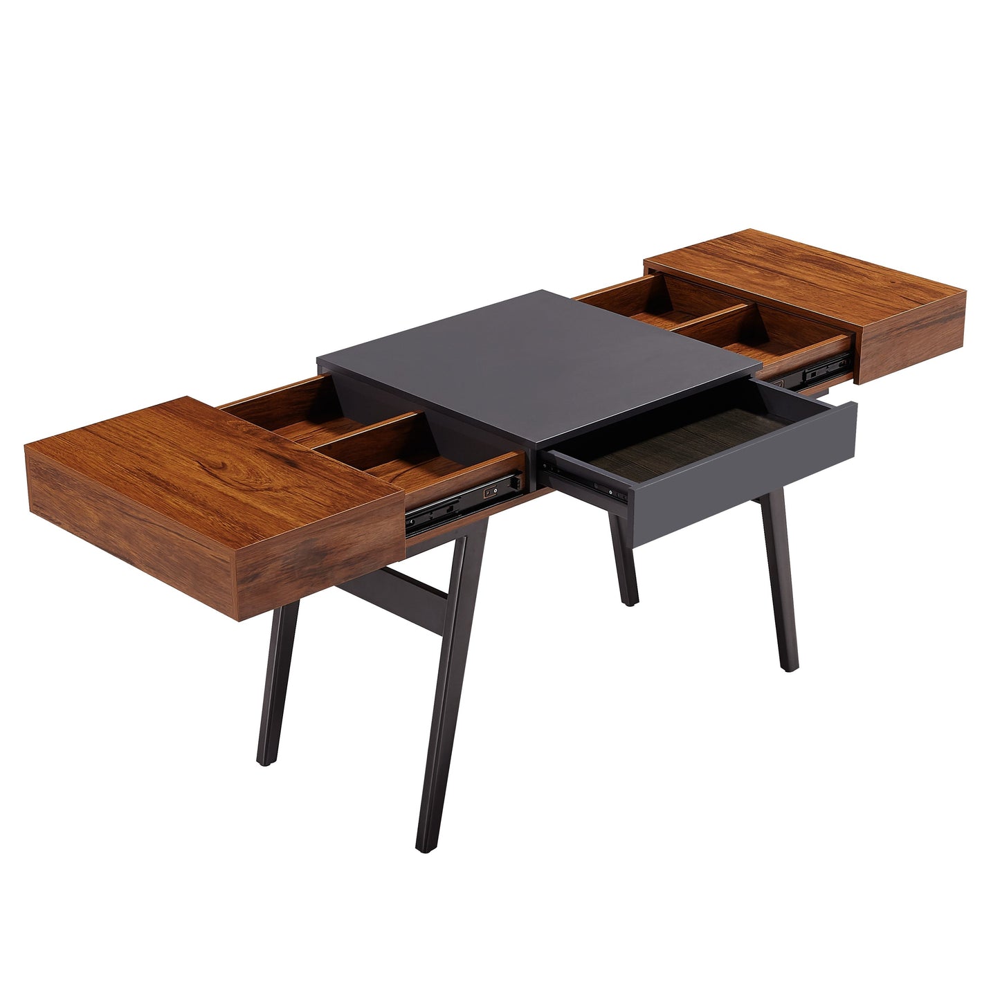 Techni Mobili  Writing Desk - Dual Side & Pull-Out Front Drawer  - Coated Grey Steel Frame - Mahogany