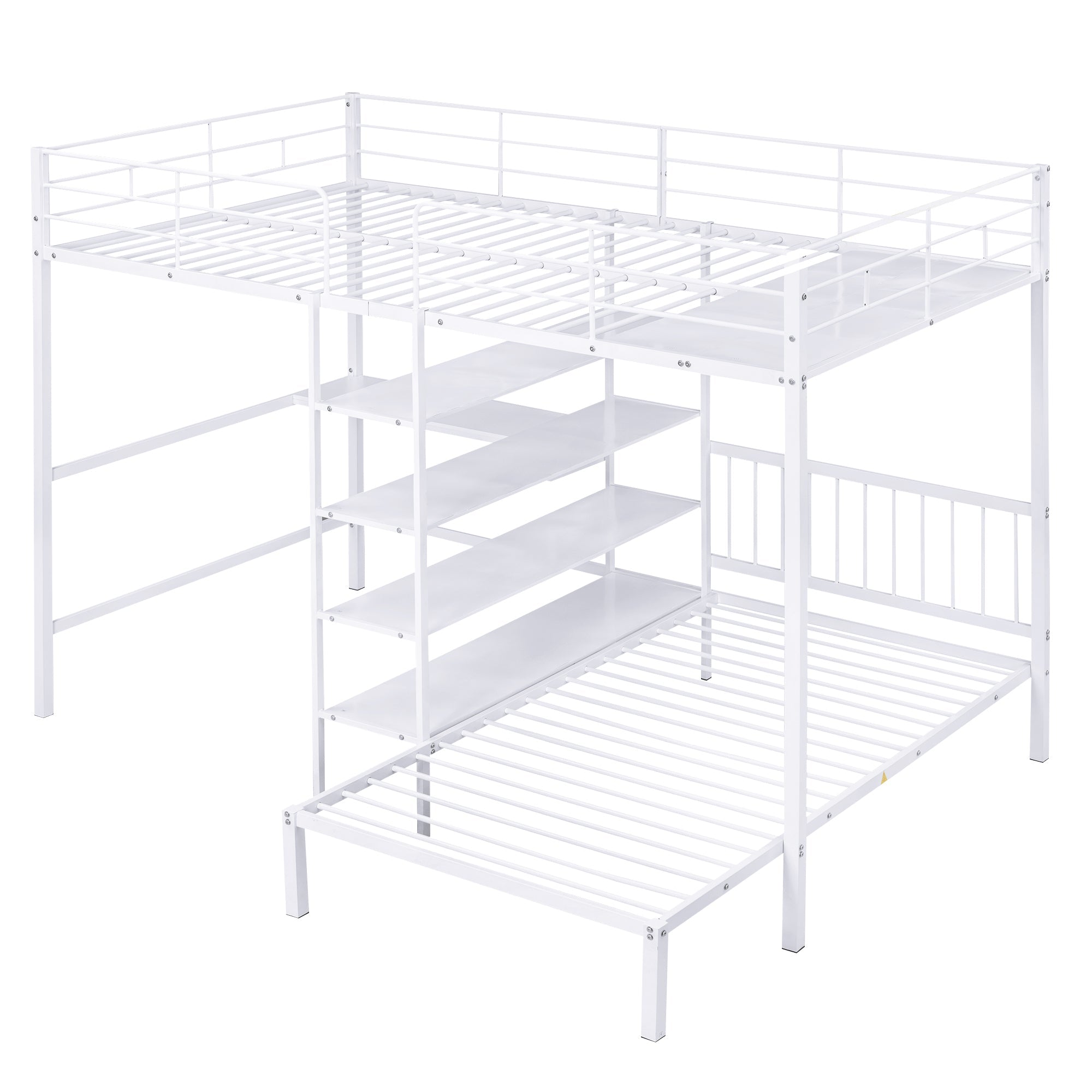 Full Over Twin Metal Bunk Bed with Built-in Desk, Shelves and Ladder, White