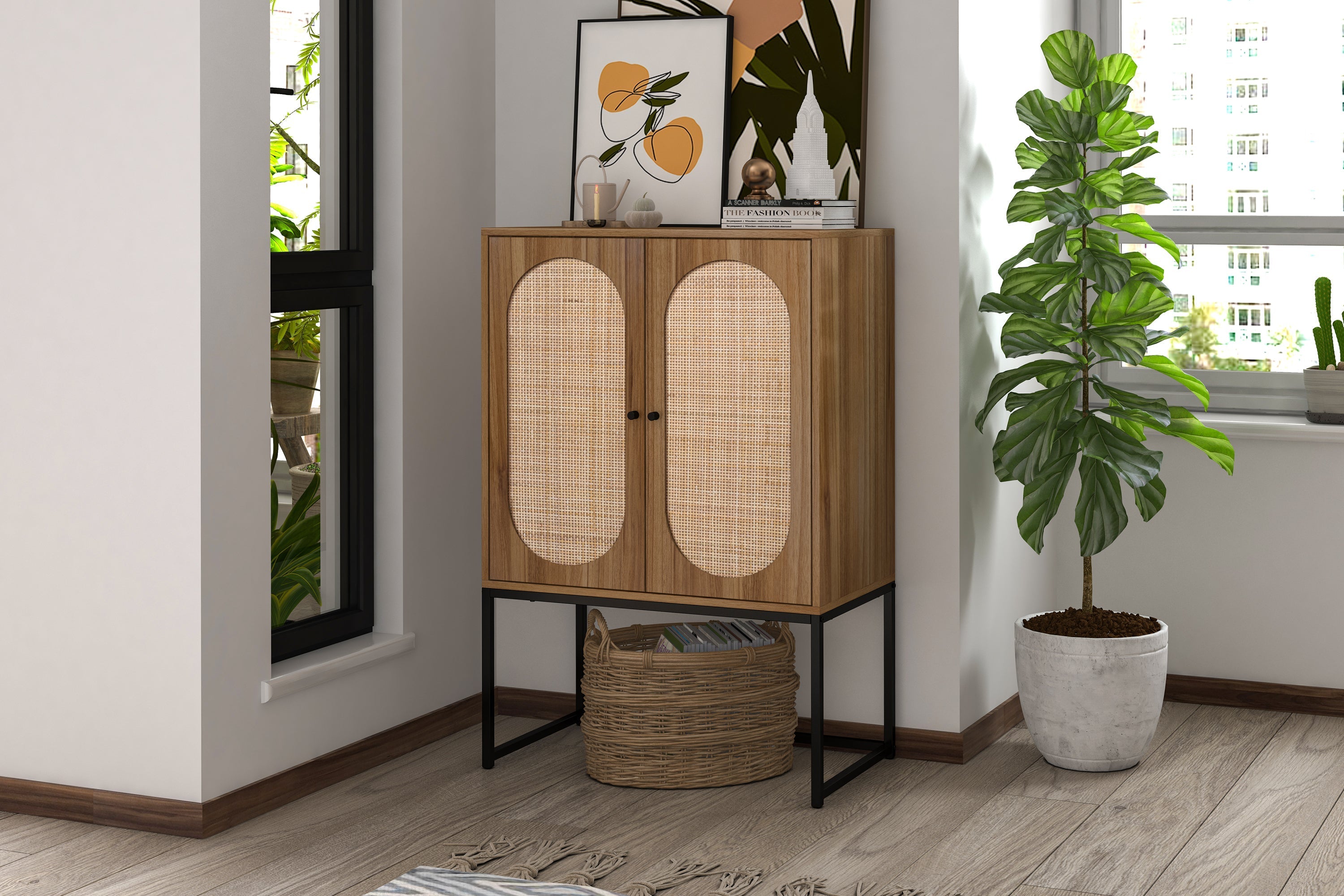 Natural rattan, Allen 2 Door high cabinet, rattan, Built-in adjustable shelf, Easy Assembly, Free Standing Cabinet for Living Room Bedroom