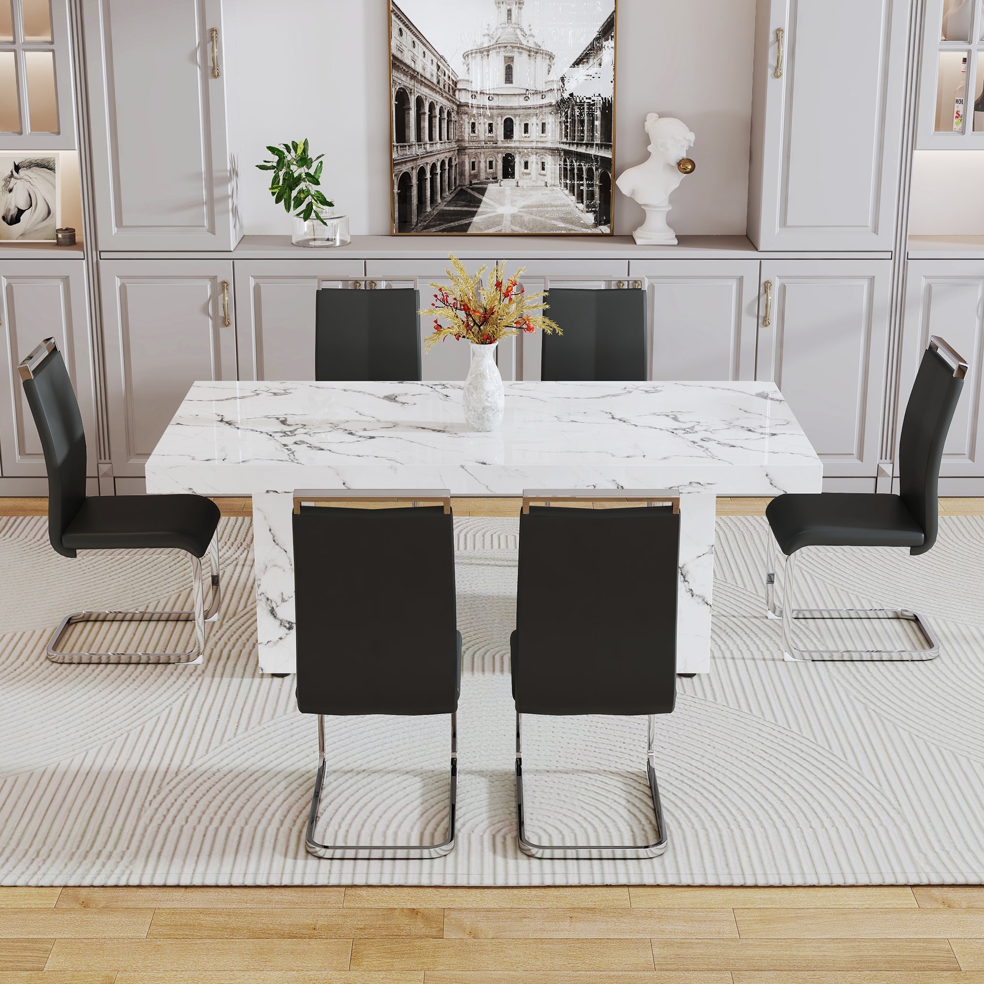 Modern rectangular dining table, office desk. MDF material. The white kitchen dining table has patterns and is suitable for 8-10 people.