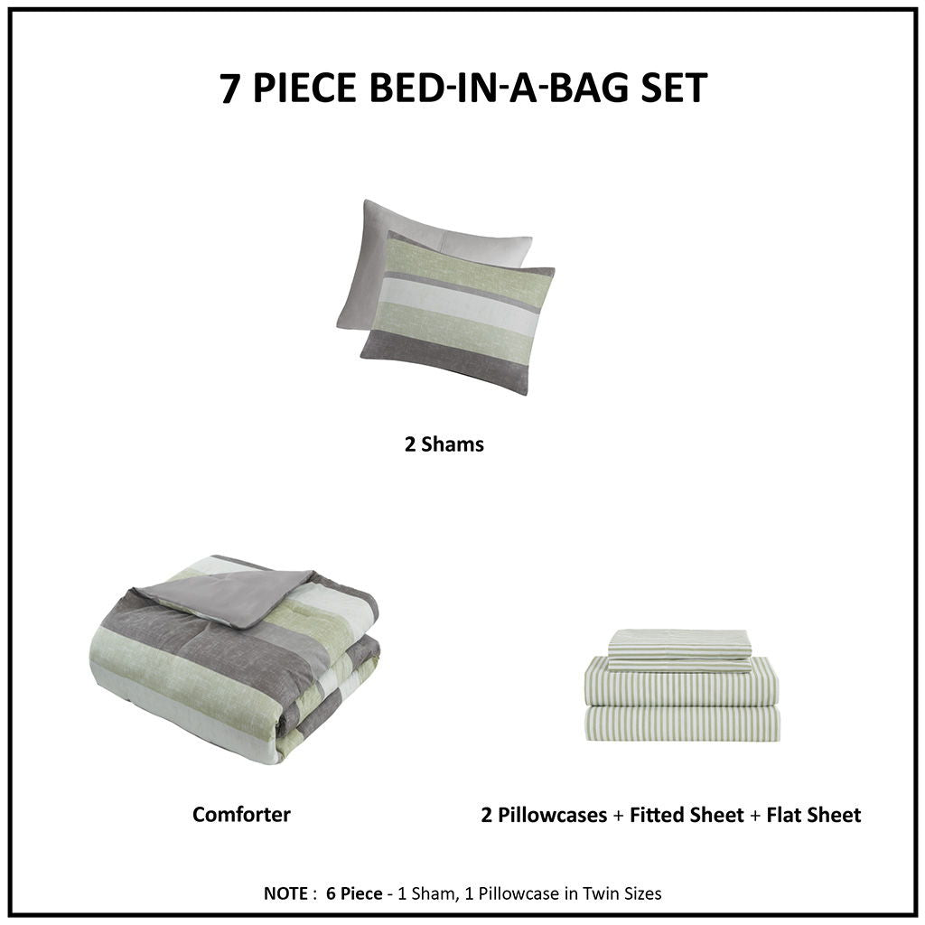 Jaxon - 5 Piece Twin Stripe Comforter Set With Bed Sheets - Green / Gray