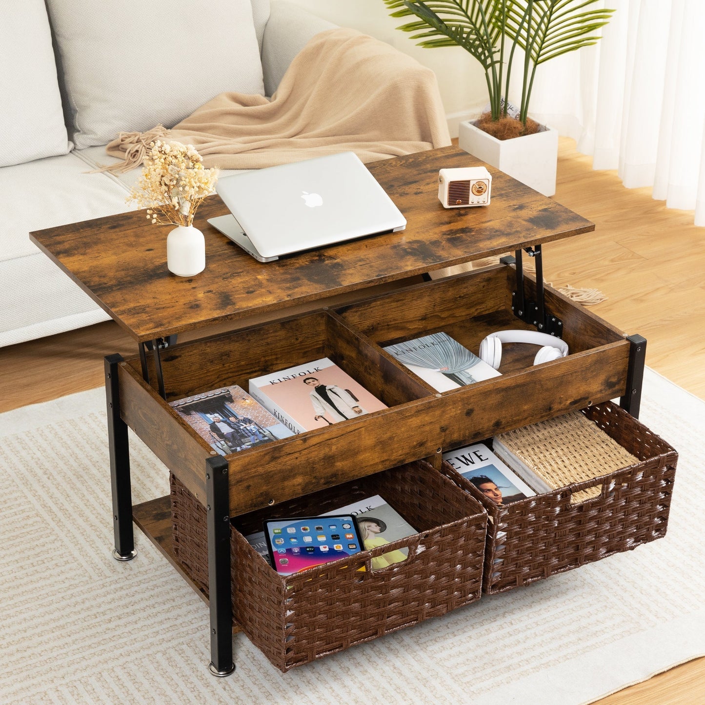 Metal coffee table,desk,with a lifting table,and hidden storage space.There were two removable wicker baskets that could be placed in any space such as the living room,color:brown with fire wood grain