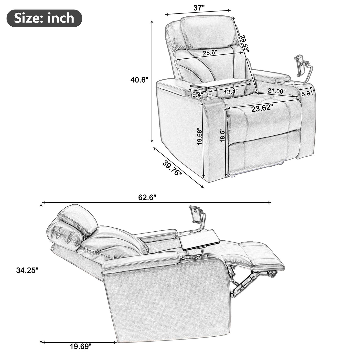 Motion Recliner with USB Charging Port and Hidden Arm Storage, Home Theater Seating with 2 Convenient Cup Holders Design and 360° Swivel Tray Table (old sku: SG000440AAA)