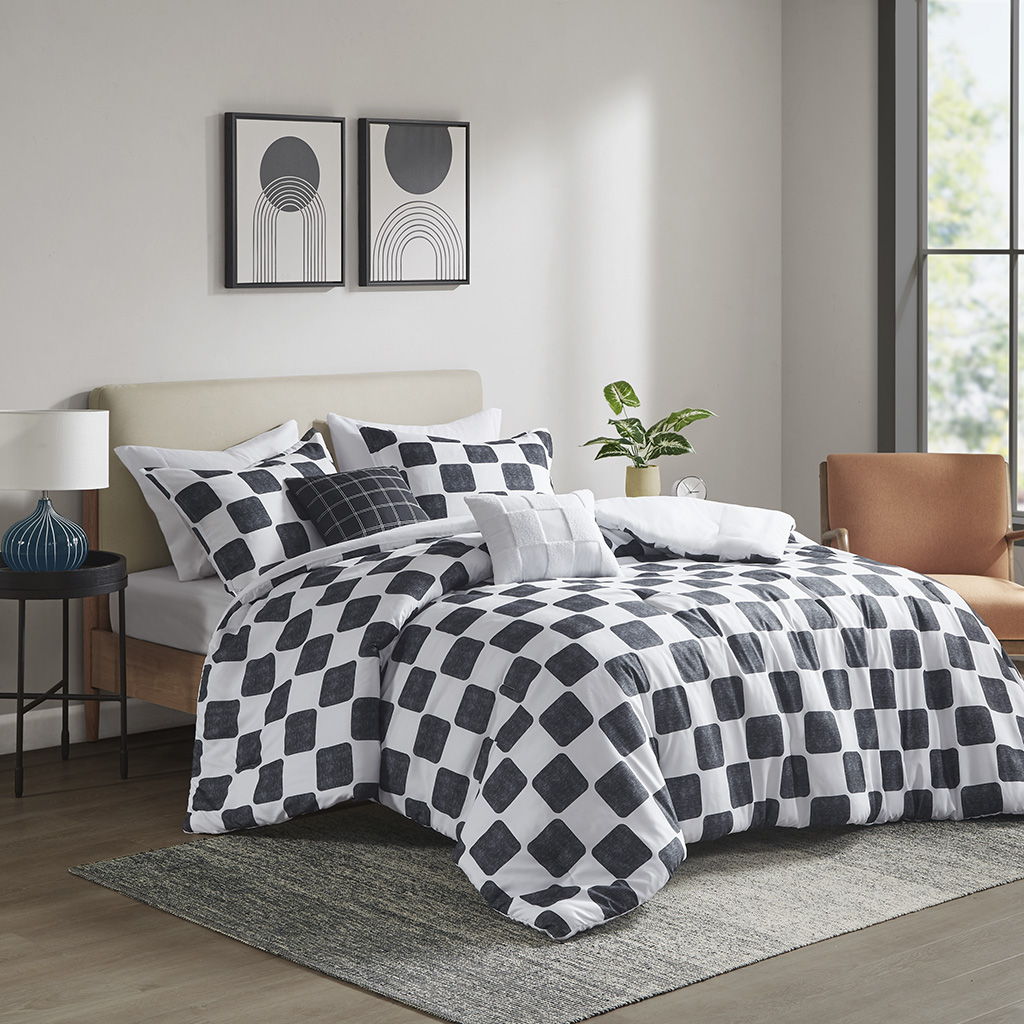 Miley - Checkered Twin Comforter Set - Black / White
