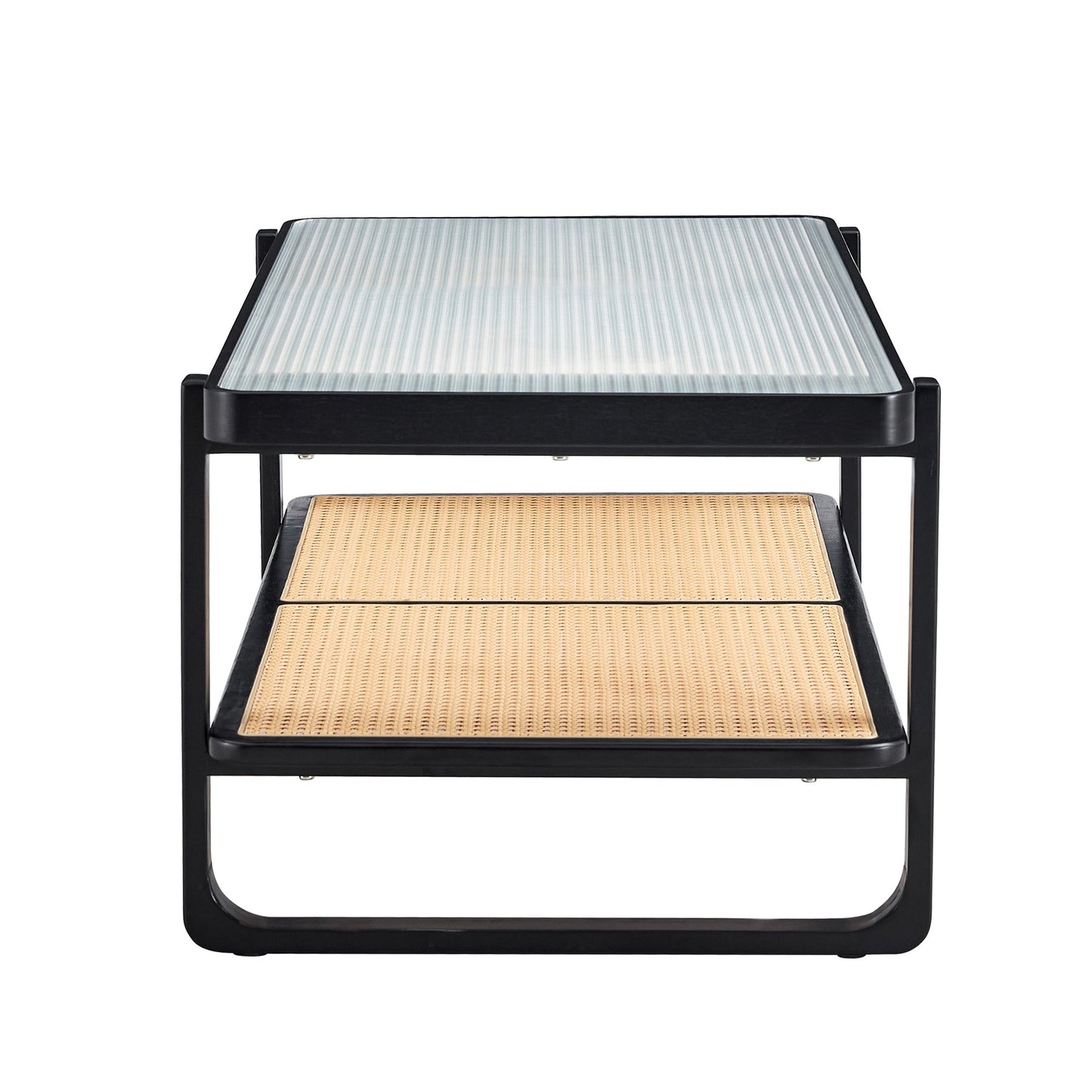 Modern minimalist rectangular double layer black solid wood imitation rattan coffee table with a Chinese style side table with craft glass tabletop, suitable for living rooms, restaurants, bedrooms