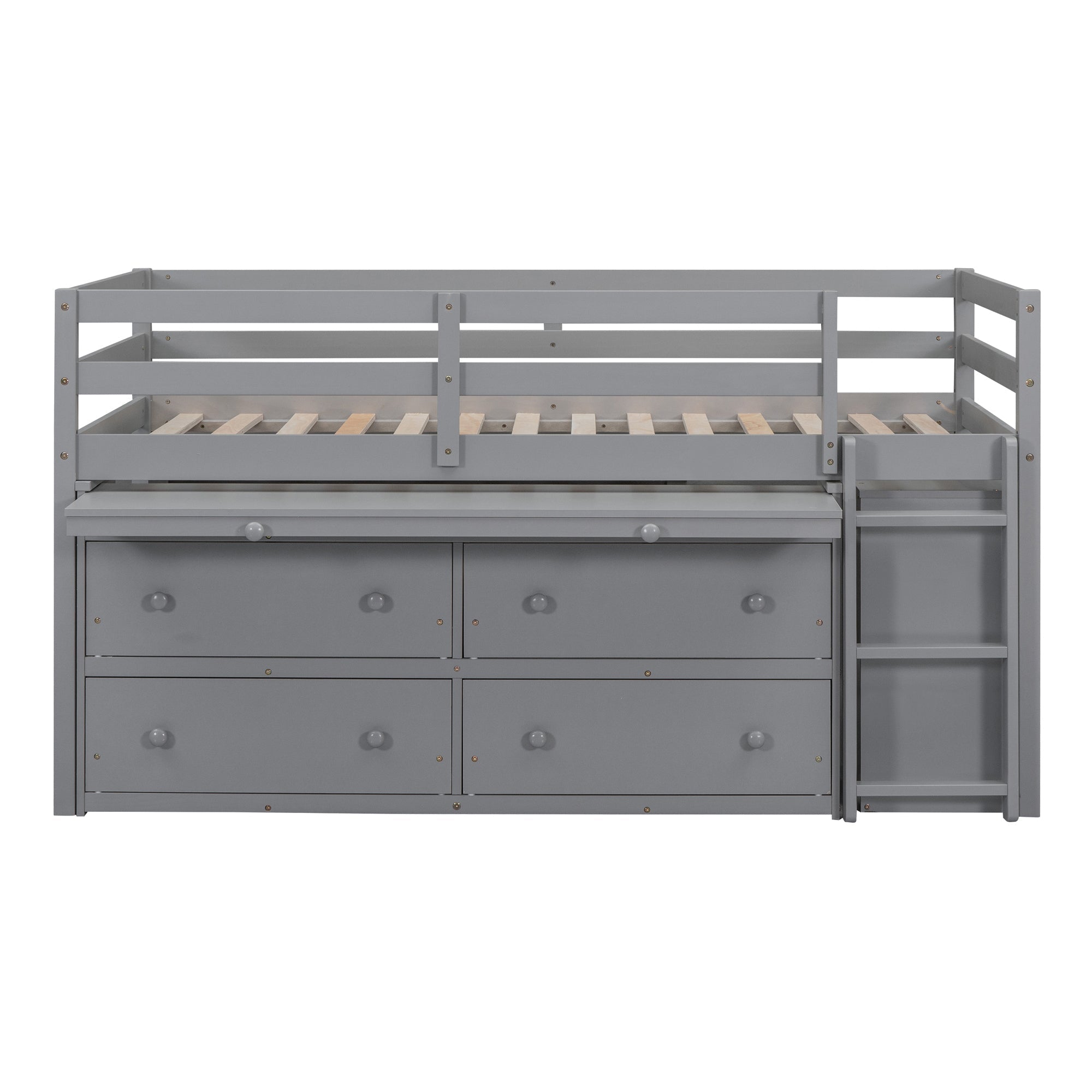 Twin Size Loft Bed with Retractable Writing Desk and 4 Drawers, Wooden Loft Bed with Lateral Portable Desk and Shelves, Gray