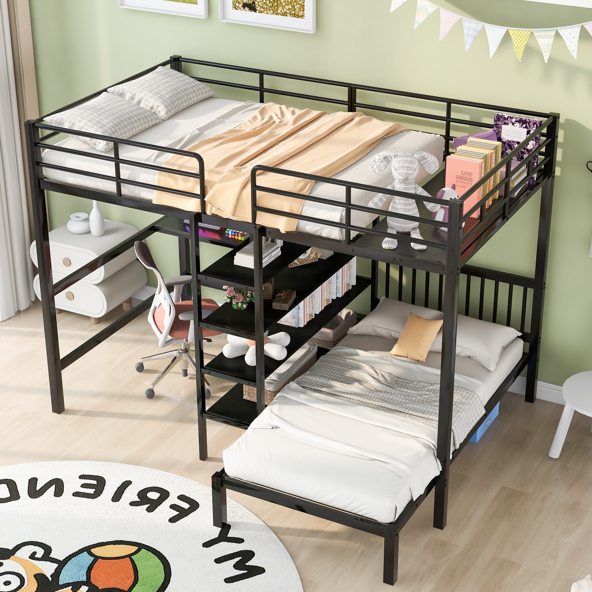 Full Over Twin Metal Bunk Bed with Built-in Desk, Shelves and Ladder, Black