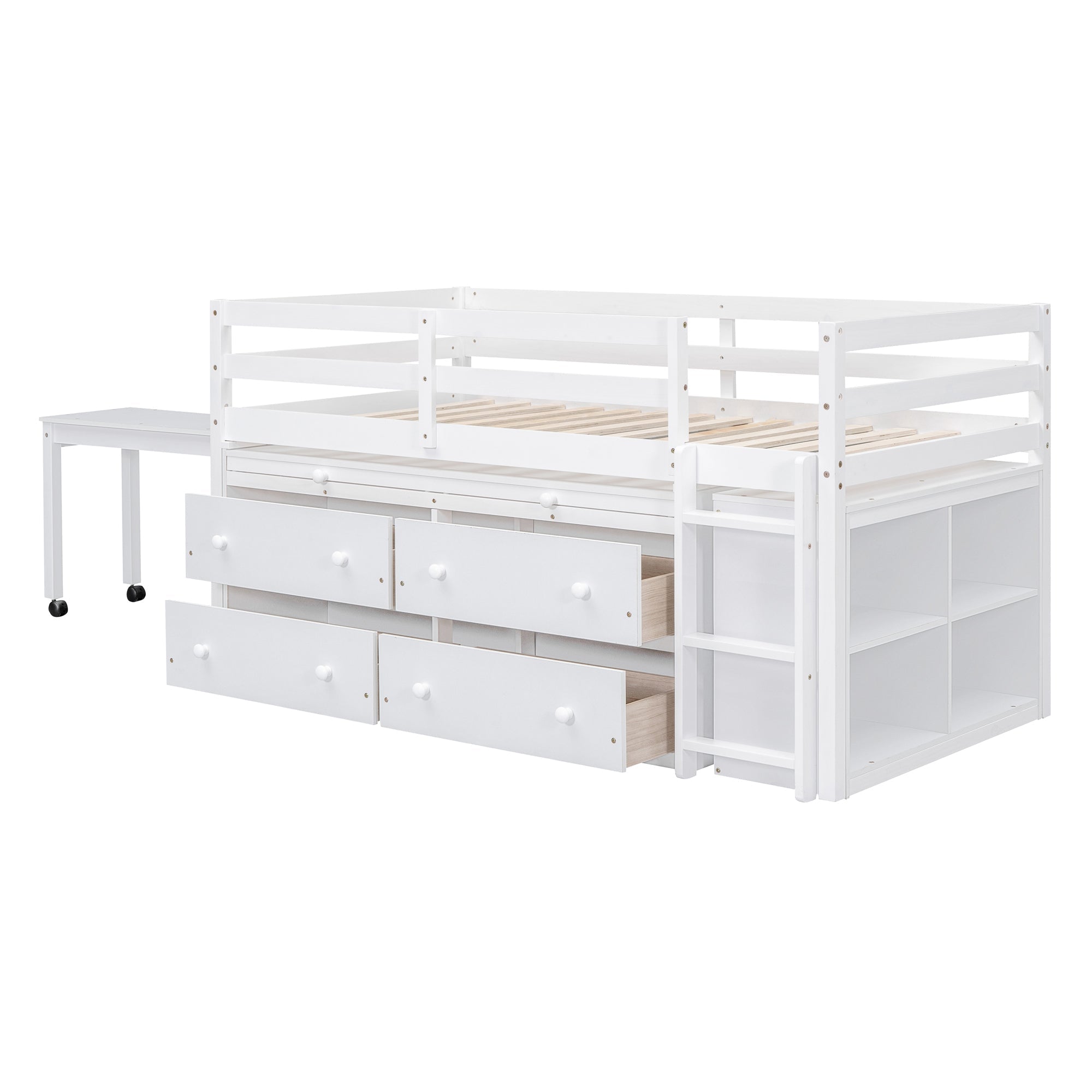 Twin Size Loft Bed with Retractable Writing Desk and 4 Drawers, Wooden Loft Bed with Lateral Portable Desk and Shelves, White