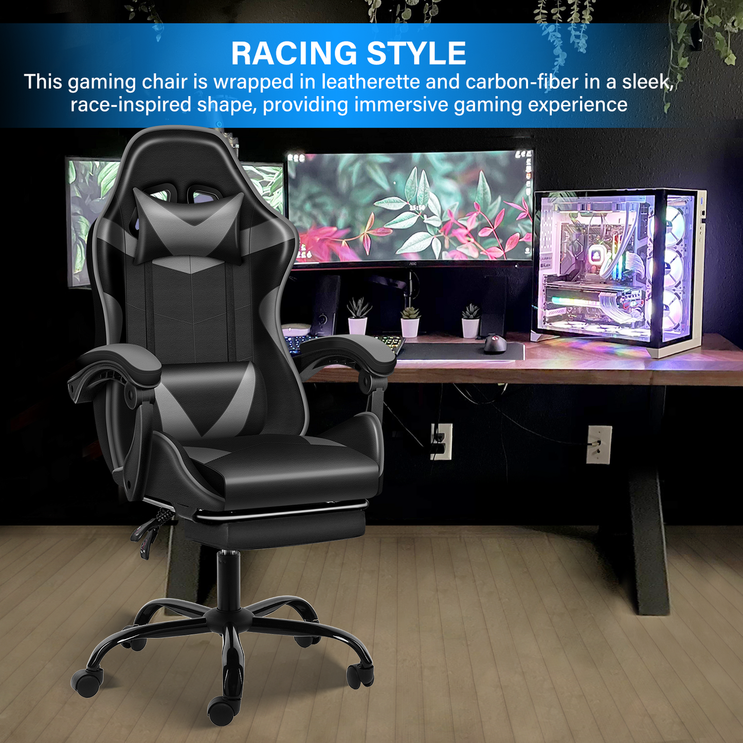 YSSOA Racing Video Backrest and Seat Height Recliner Gaming Office High Back Computer Ergonomic Adjustable Swivel Chair, With footrest, Black/Grey