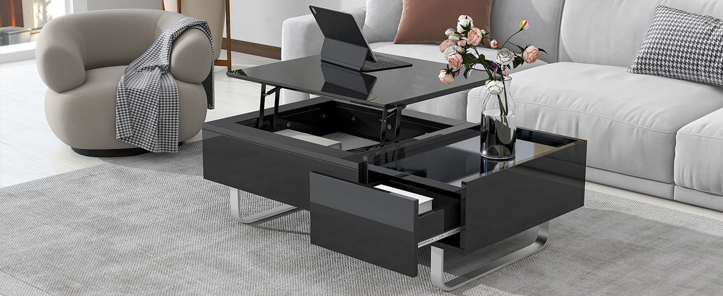 Multi-functional Coffee Table with Lifted Tabletop, Contemporary Cocktail Table with Metal Frame Legs, High-gloss Surface Dining Table for Living Room, Black