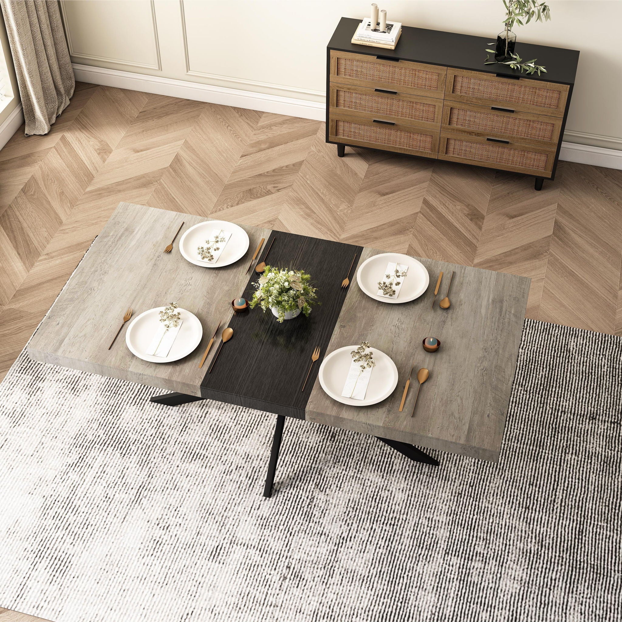 Retro Rectangular Stretch Dining Table With Embossed Center Plate