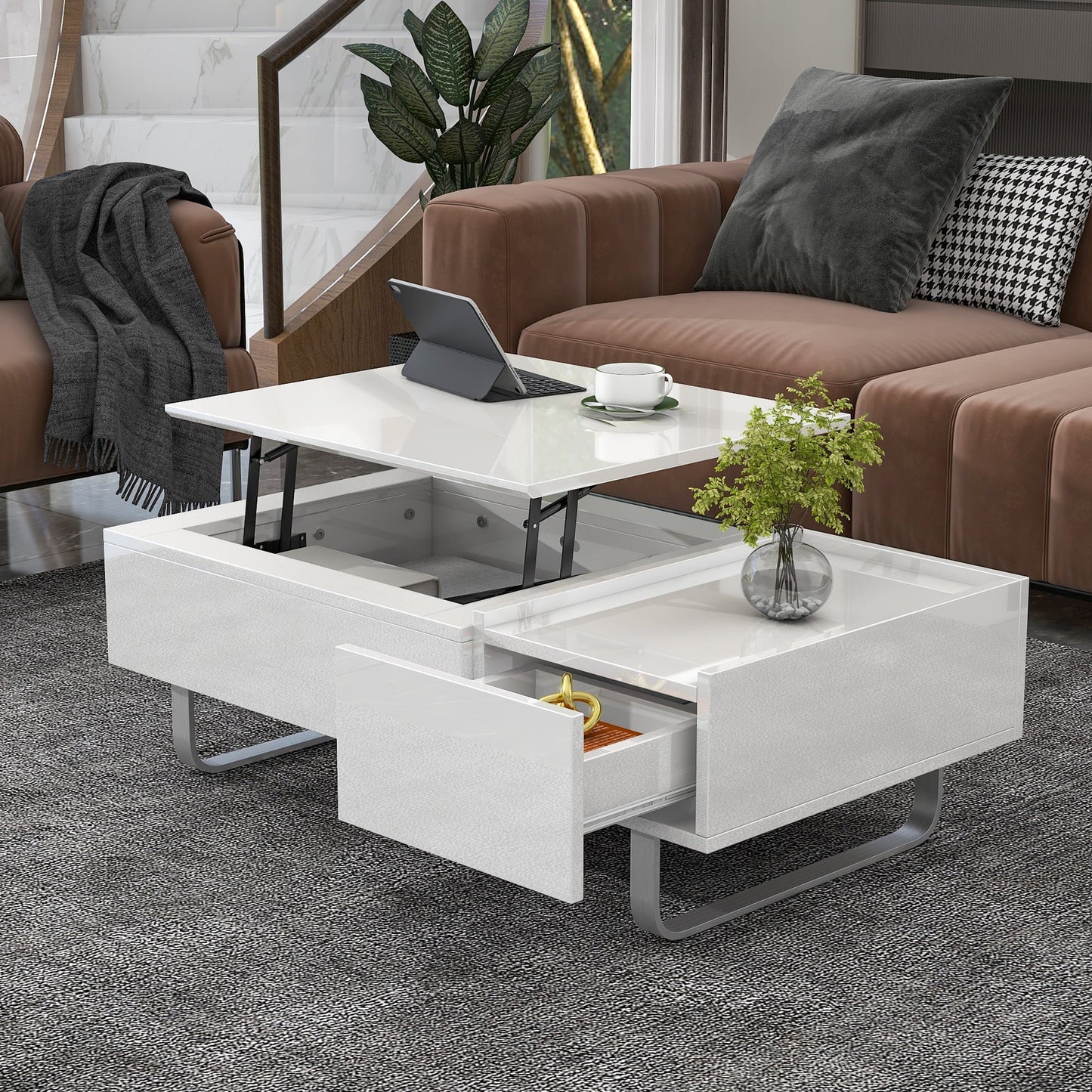 Multi-functional Coffee Table with Lifted Tabletop, Contemporary Cocktail Table with Metal Frame Legs, High-gloss Surface Dining Table for Living Room, White