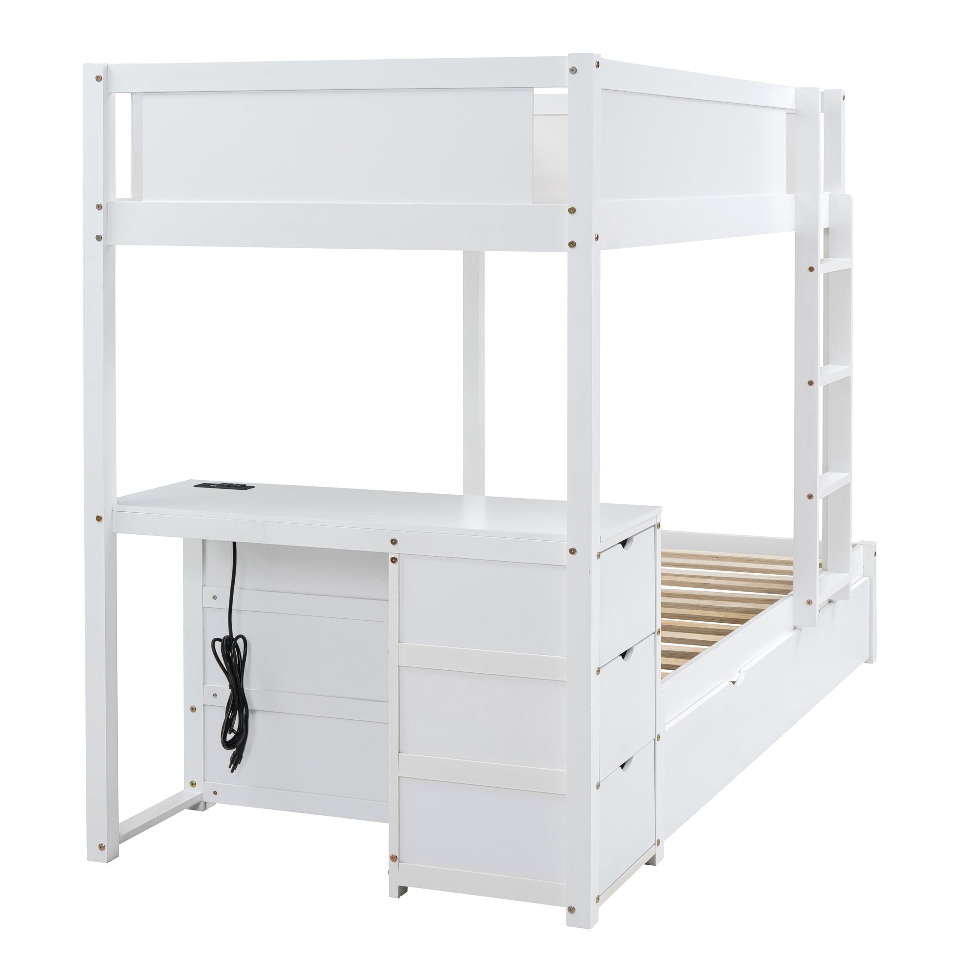 Twin-Over-Twin Bunk Bed with Twin size Trundle, Storage and Desk, White