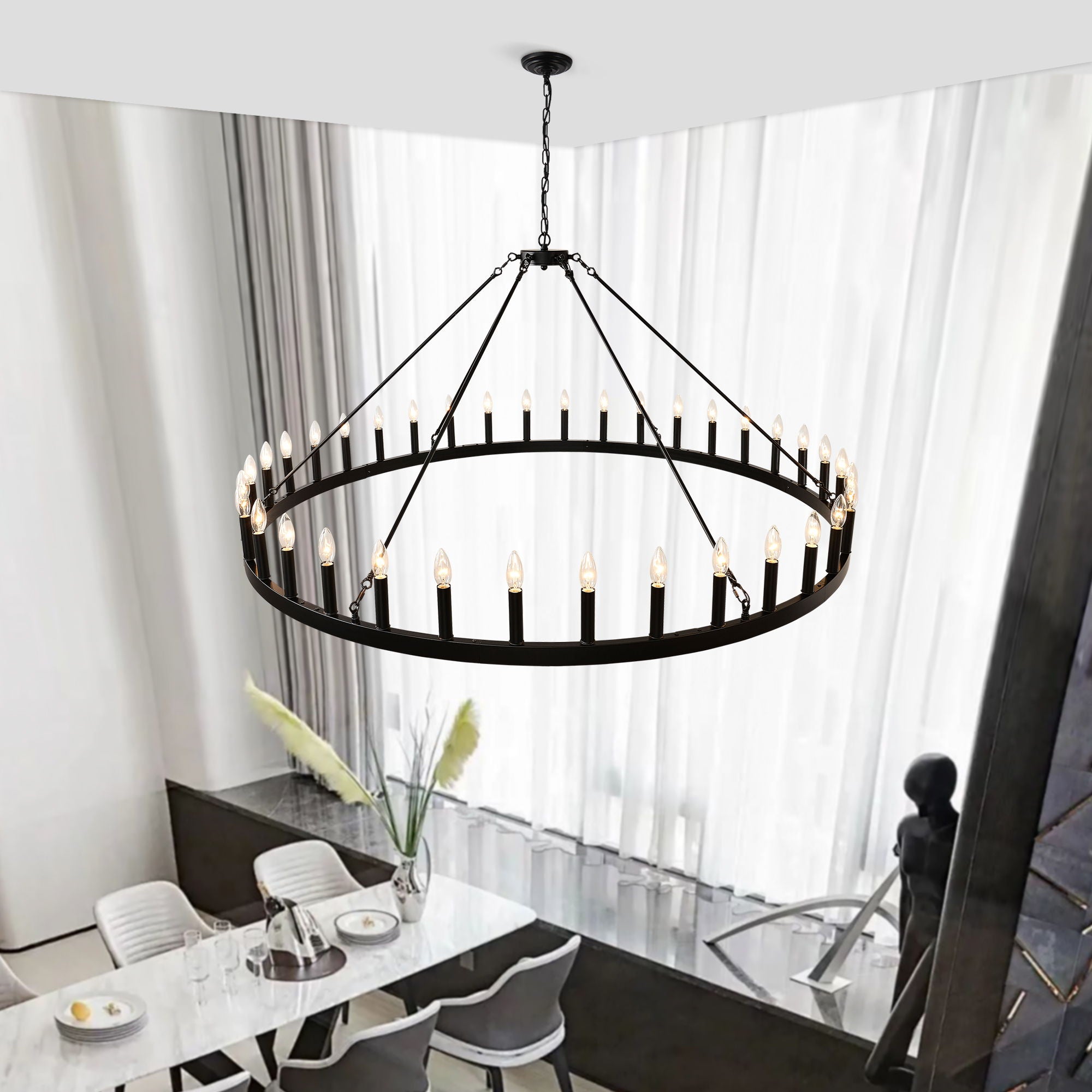 36 Light Extra Large Wagon Wheel Chandelier, Farmhouse Round Wheel Chandelier Light Fixtures Wagon Wheel Chandeliers For Porch High Ceilings Dining Room Living Room, Kitchen, Bedroom - Black
