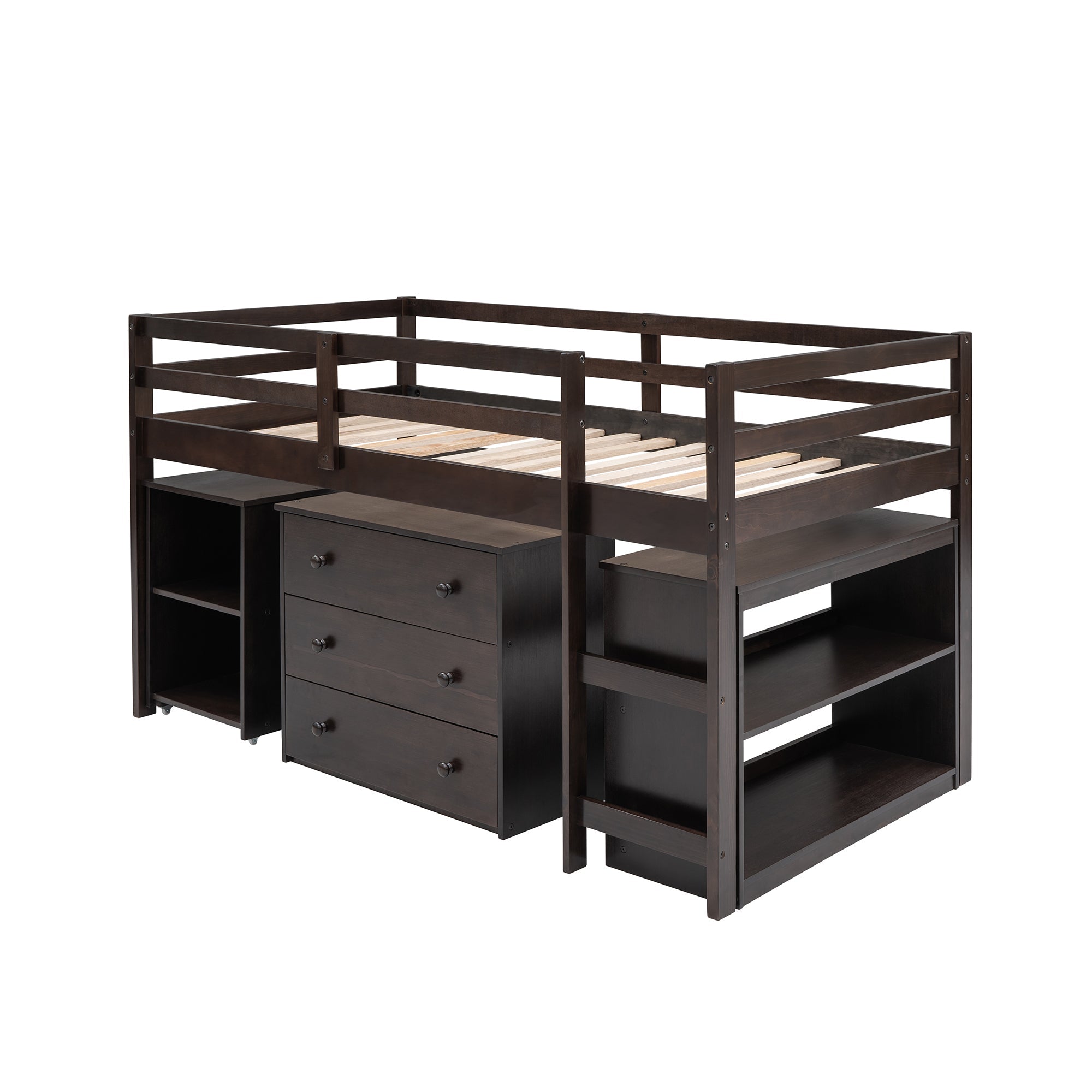 Low Study Twin Loft Bed with Cabinet and Rolling Portable Desk - Espresso (OLD SKU :LP000113AAP)