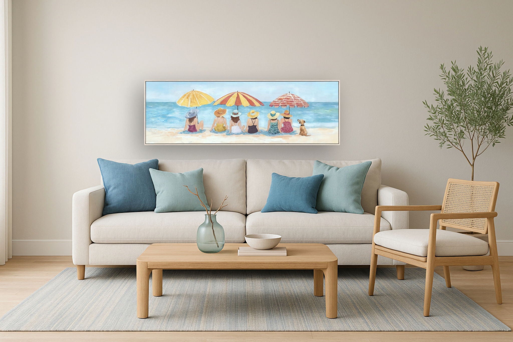 Seaside Sunhats Gathering - 20" x 60" Framed Wall Art - Blue
