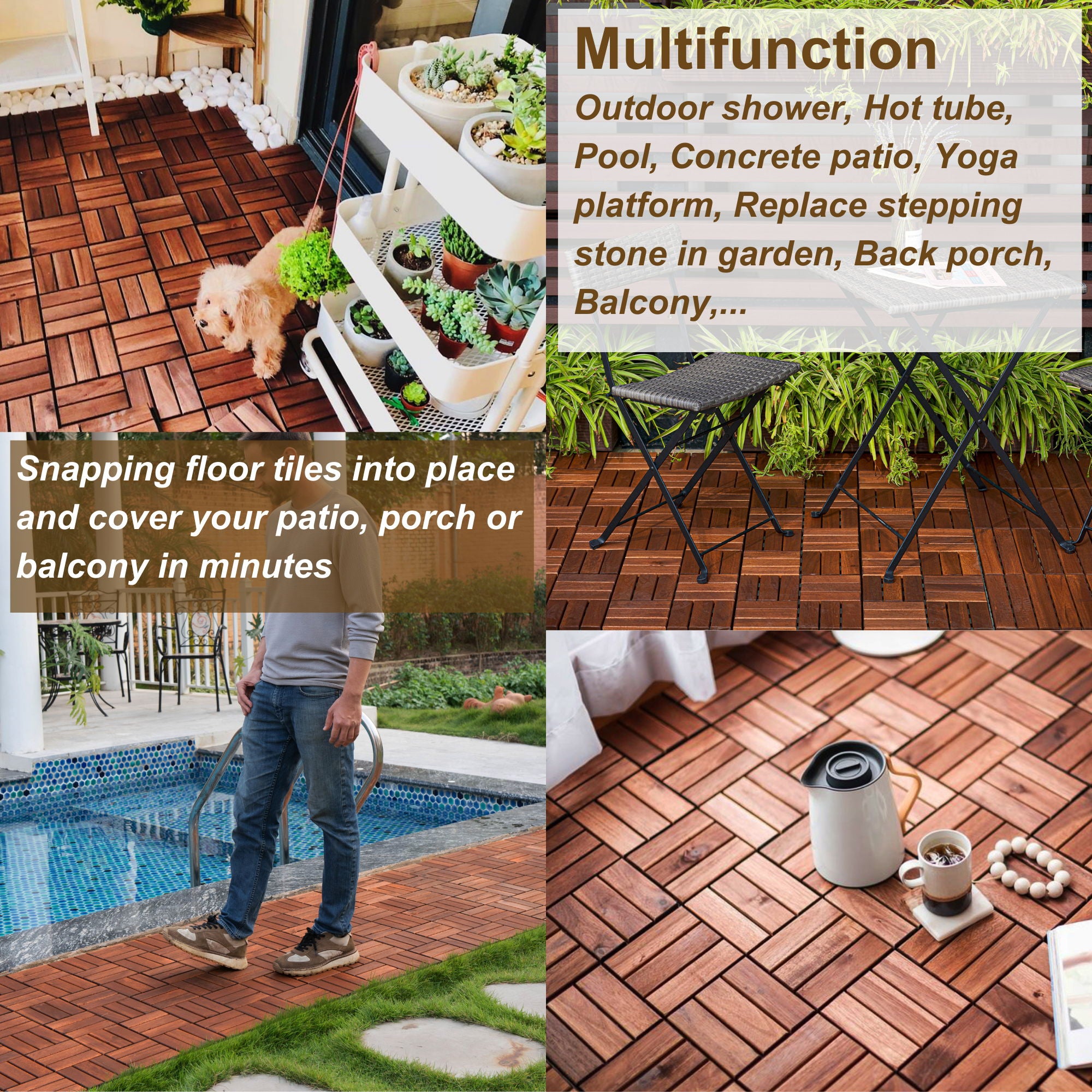 Interlocking Deck Tiles Checker Pattern, Square Acacia Hardwood Outdoor Flooring For Patio, Bancony, Pool Side