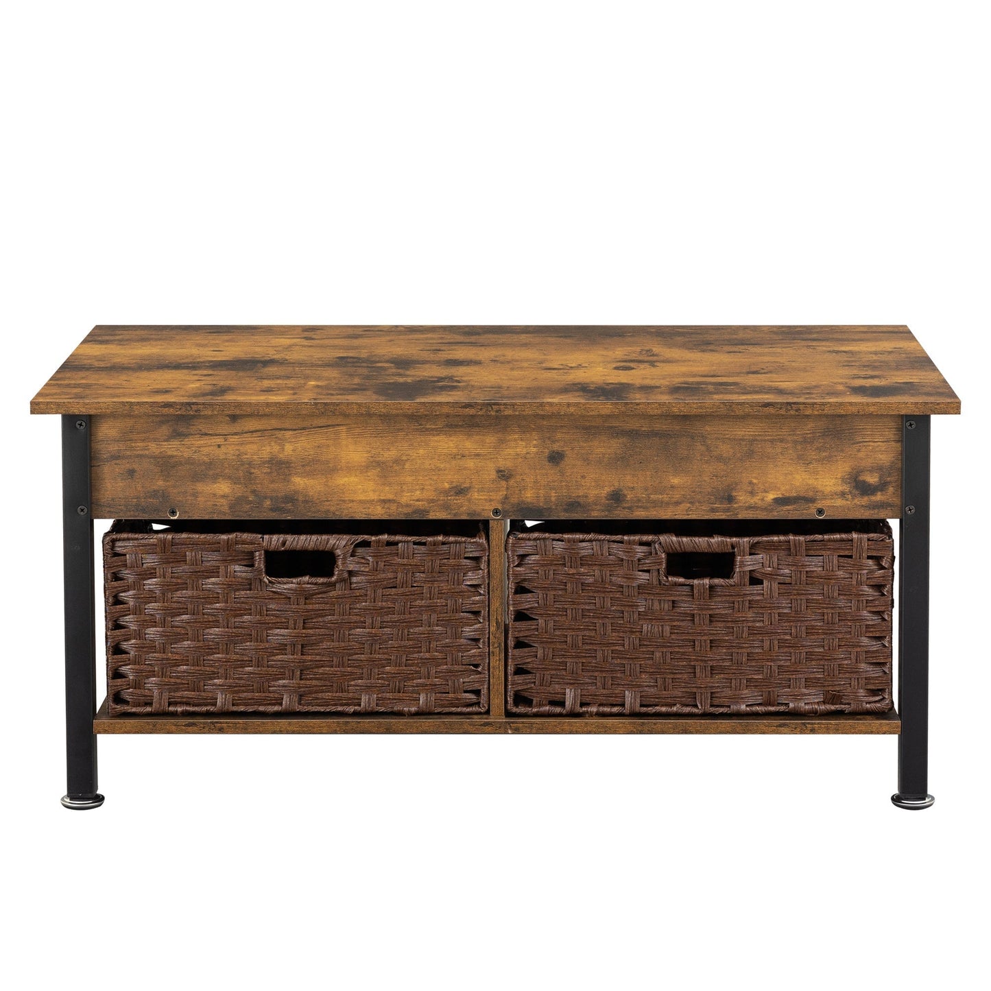 Metal coffee table,desk,with a lifting table,and hidden storage space.There were two removable wicker baskets that could be placed in any space such as the living room,color:brown with fire wood grain