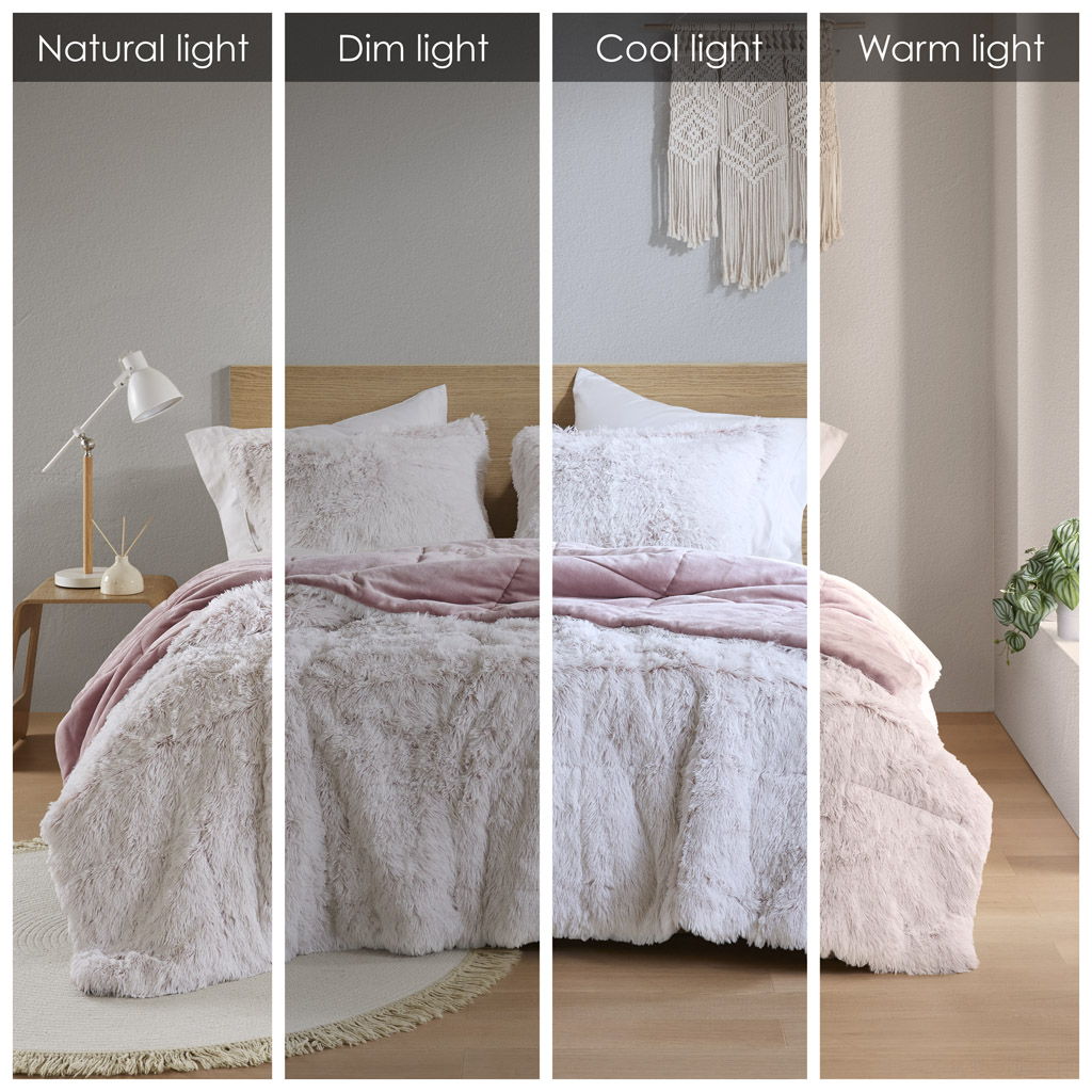 Malea - 3 Piece King/California King Shaggy Comforter Mini Set - Pink/White