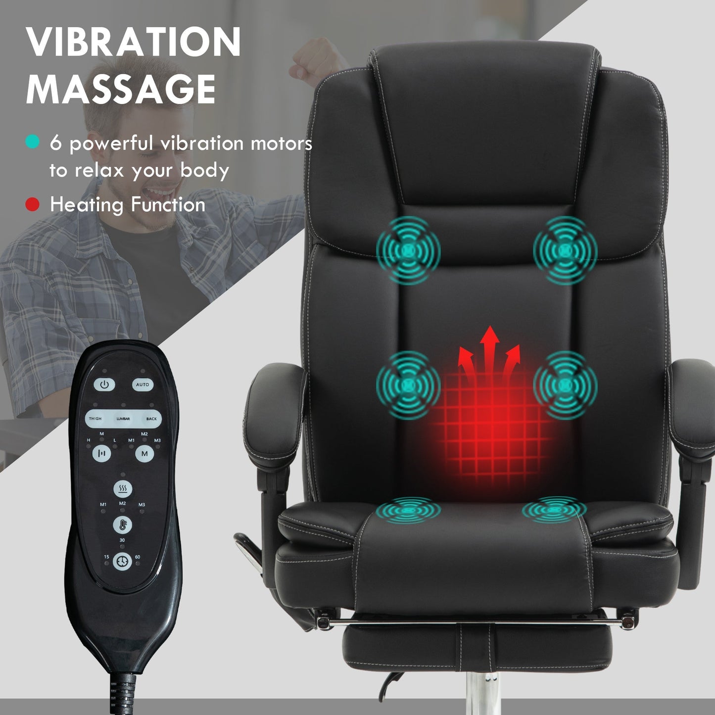 Vinsetto Massage Office Chair with 6 Vibration Points, Heated Reclining PU Leather Computer Chair with Adjustable Height, Footrest, Black