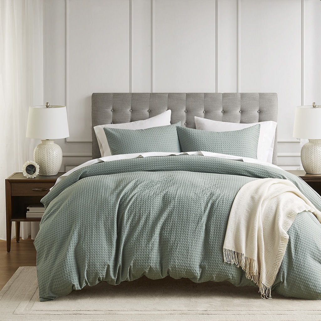 Mina - Full/Queen Waffle Weave Textured Duvet Cover Set - Sage Green