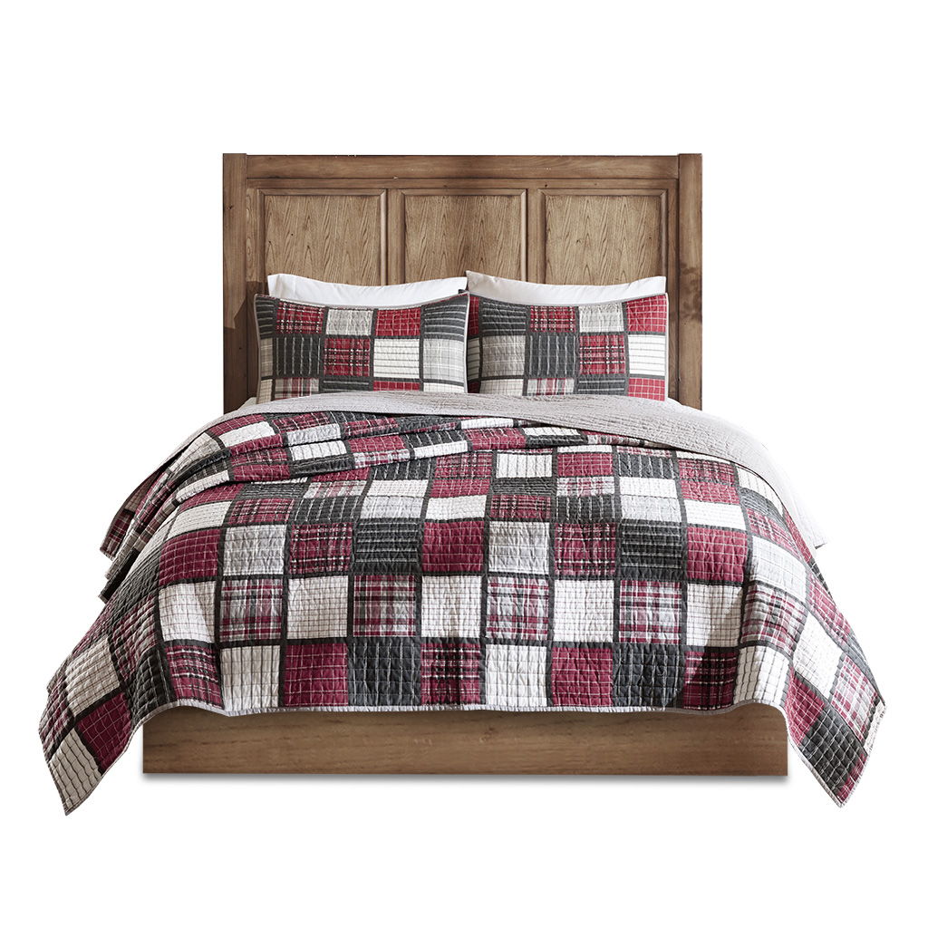 Tulsa - King Oversized Plaid Print Quilt Set - Red / Gray