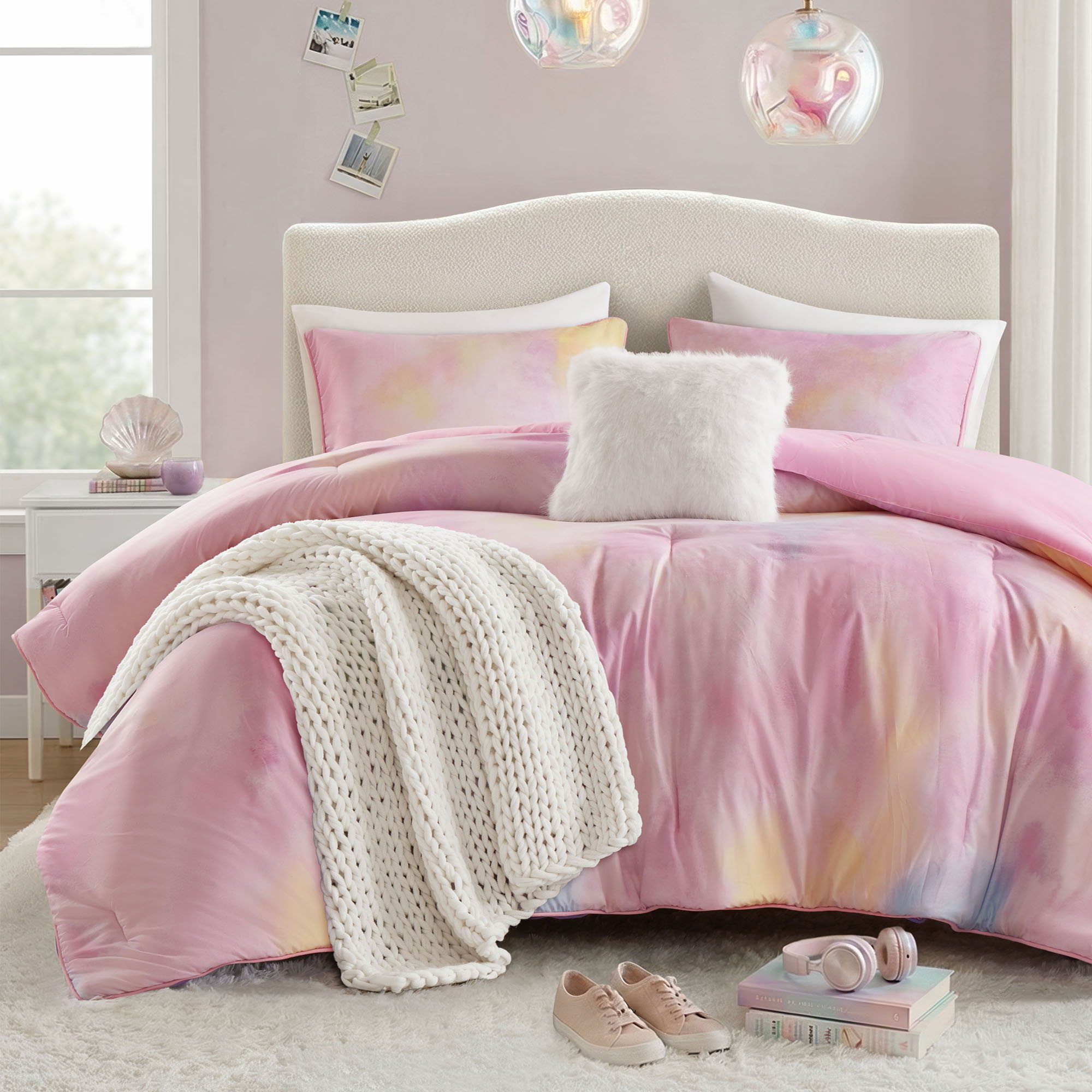 Cassiopeia - King/California King Watercolor Tie Dye Printed Comforter Set With Throw Pillow - Pink