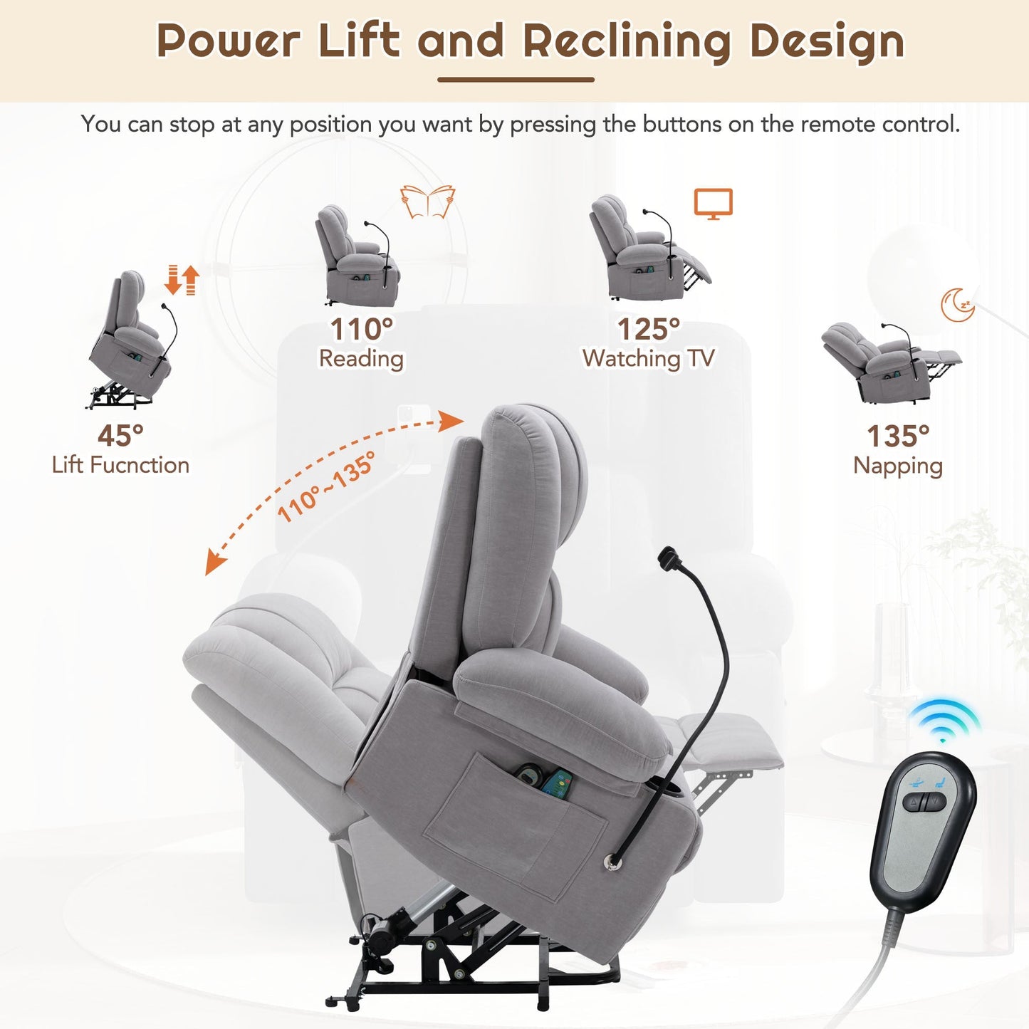 Power Lift Recliner Chair Electric Recliner for Elderly Recliner Chair with Massage and Heating Functions, Remote, Phone Holder Side Pockets and Cup Holders for Living Room, Grey