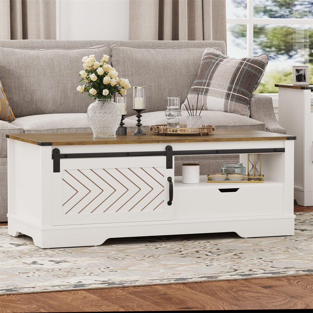 Wholesale Modern Small Coffee Table White Wood Living Room Sofa Side End Tables With Barn Door Drawer Storage