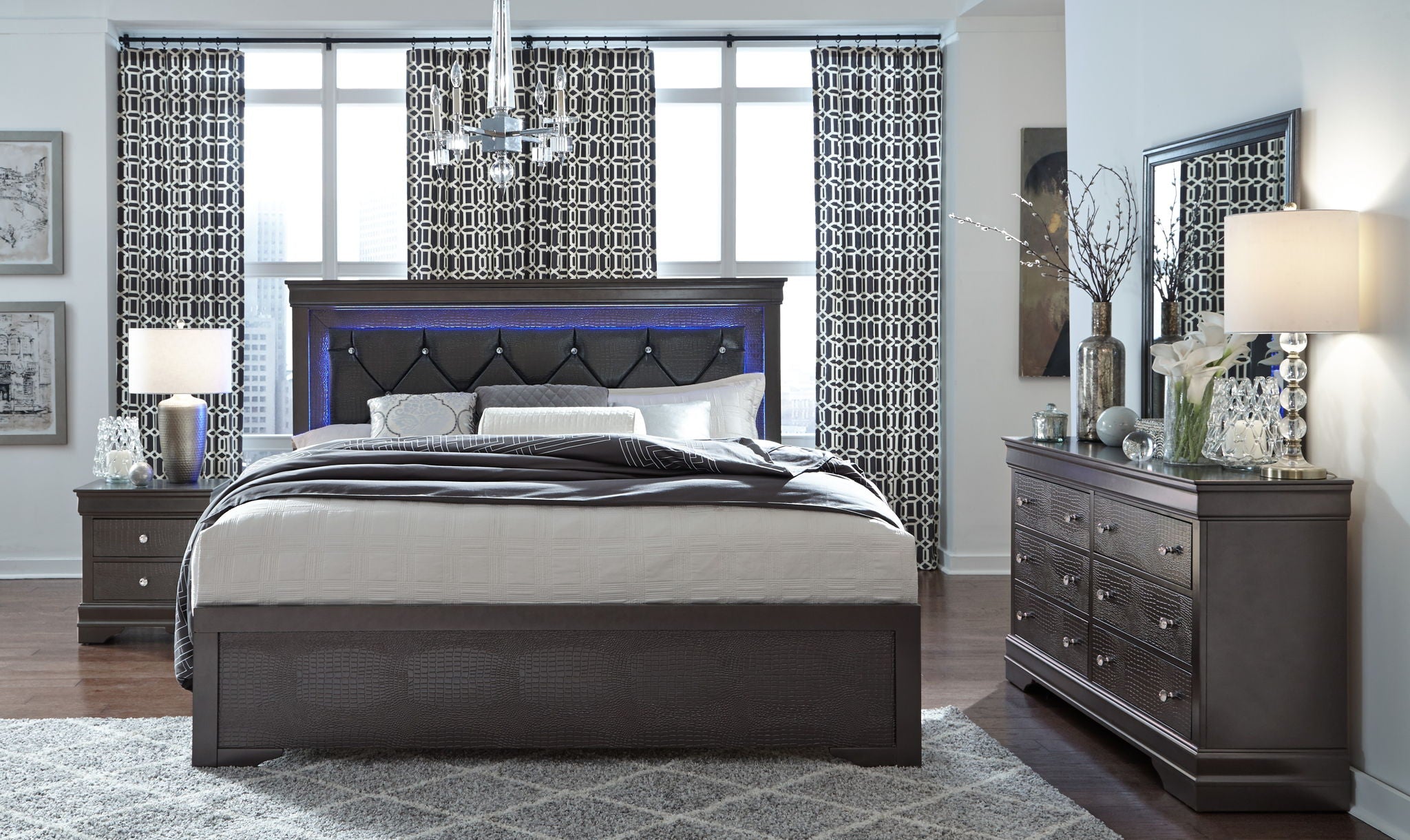 Pompei - King Bed Headboard With LED And Footboard - Metallic Gray