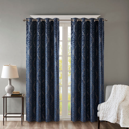 Knitted Jacquard Damask Total Blackout Grommet Top Curtain Panel