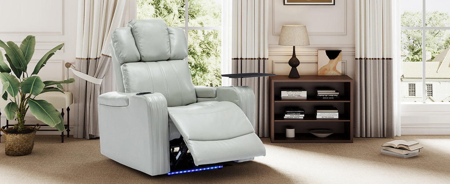 PU Leather Power Recliner Individual Seat Home Theater Recliner with Cooling Cup Holder, Bluetooth Speaker, LED Lights, USB Ports, Tray Table, Arm Storage for Living Room, Grey