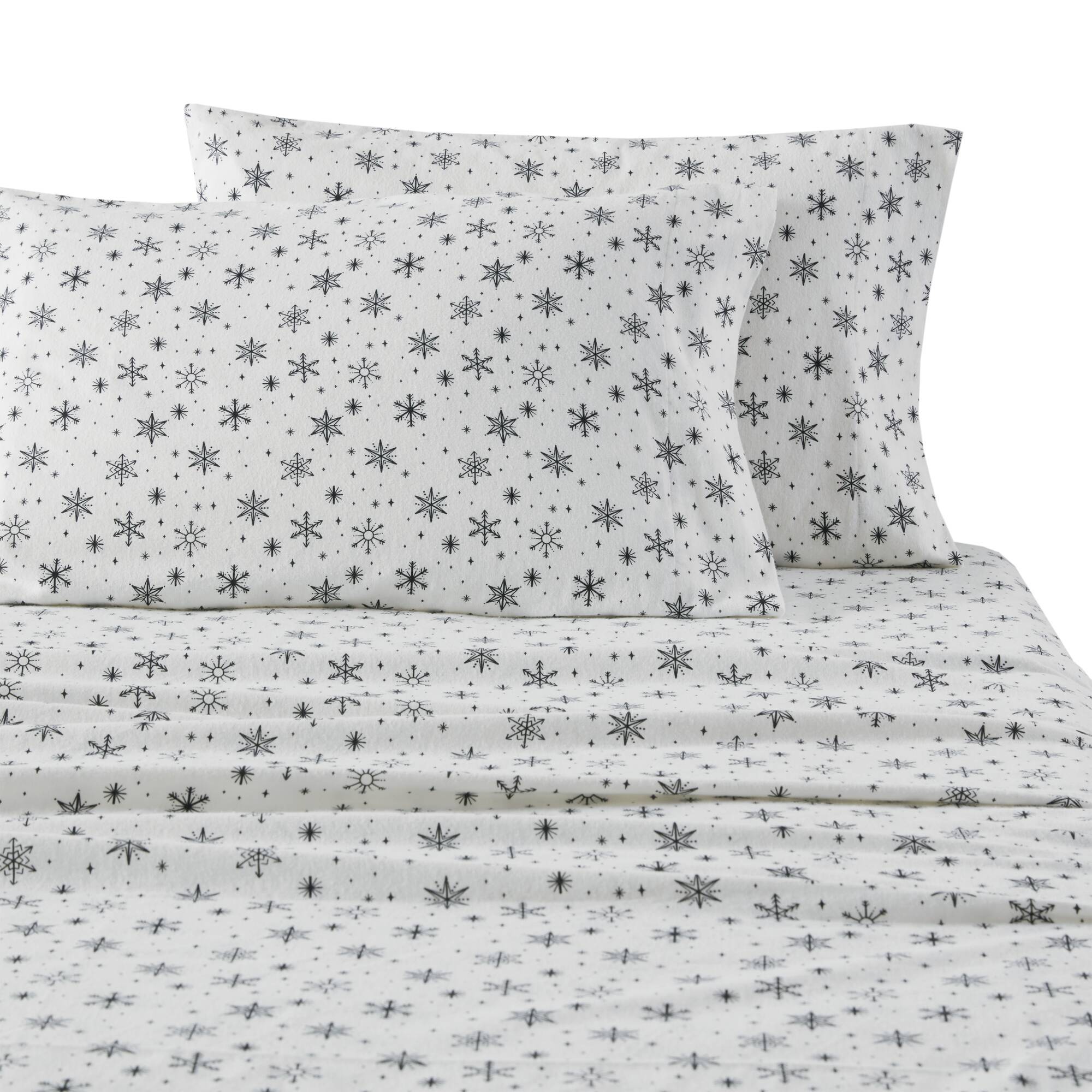 Cozy Cotton Flannel - King Printed Sheet Set - Black Snowflakes