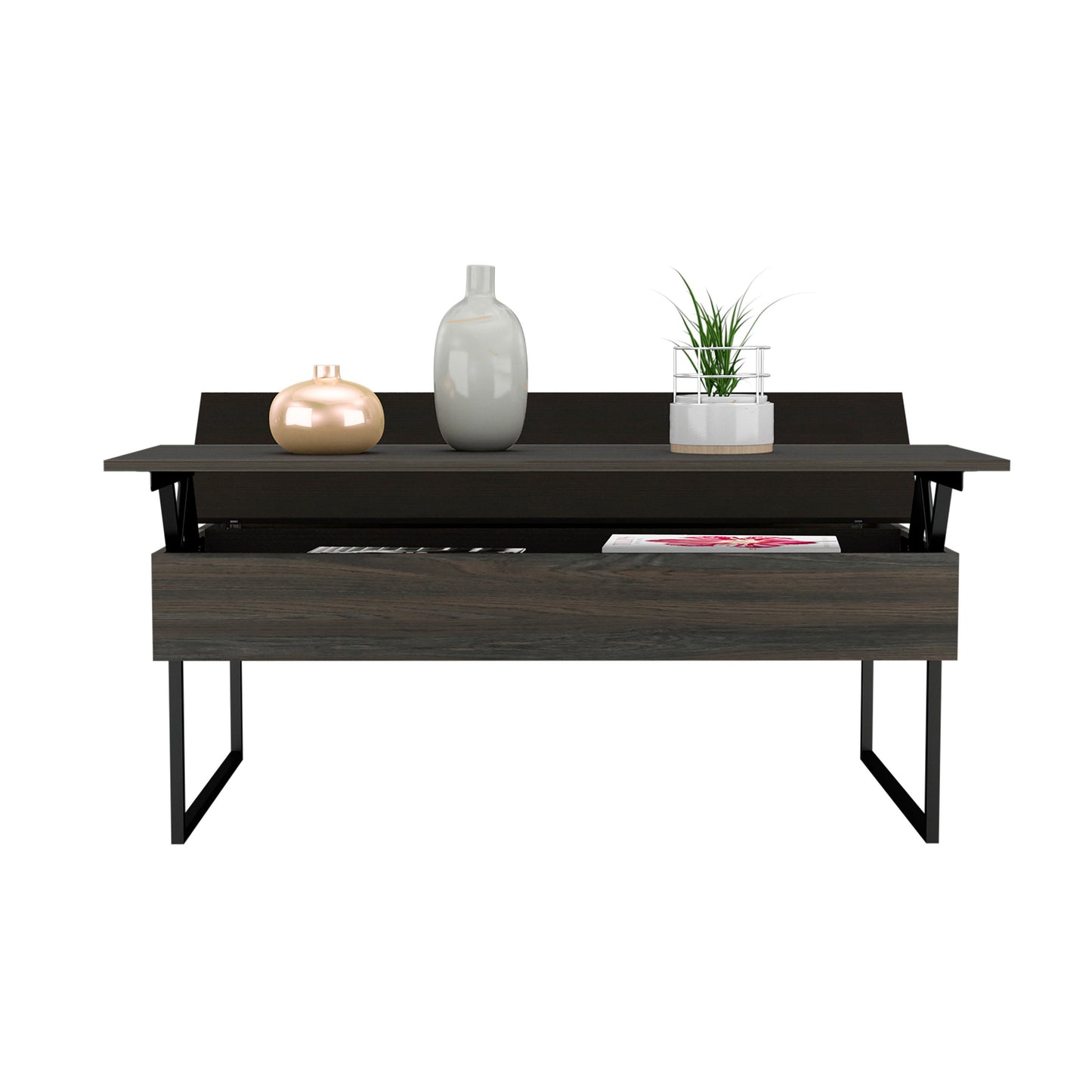 Lift Top Coffee Table Wuzz, Two Legs, Two Shelves, Carbon Espresso / Black Wengue Finish