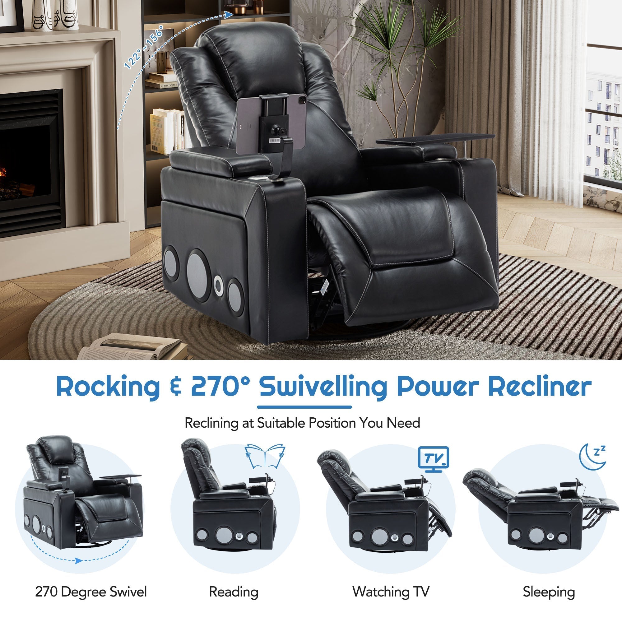 270 Degree Swivel PU Leather Power Recliner Individual Seat Home Theater Recliner with Surround Sound, Cup Holder, Removable Tray Table, Hidden Arm Storage for Living Room, Black