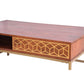 Kalyn 43 Inch Acacia Wood Coffee Table, Geometric Screen Printed Design, 1 Open Compartment, Natural Brown, Brass