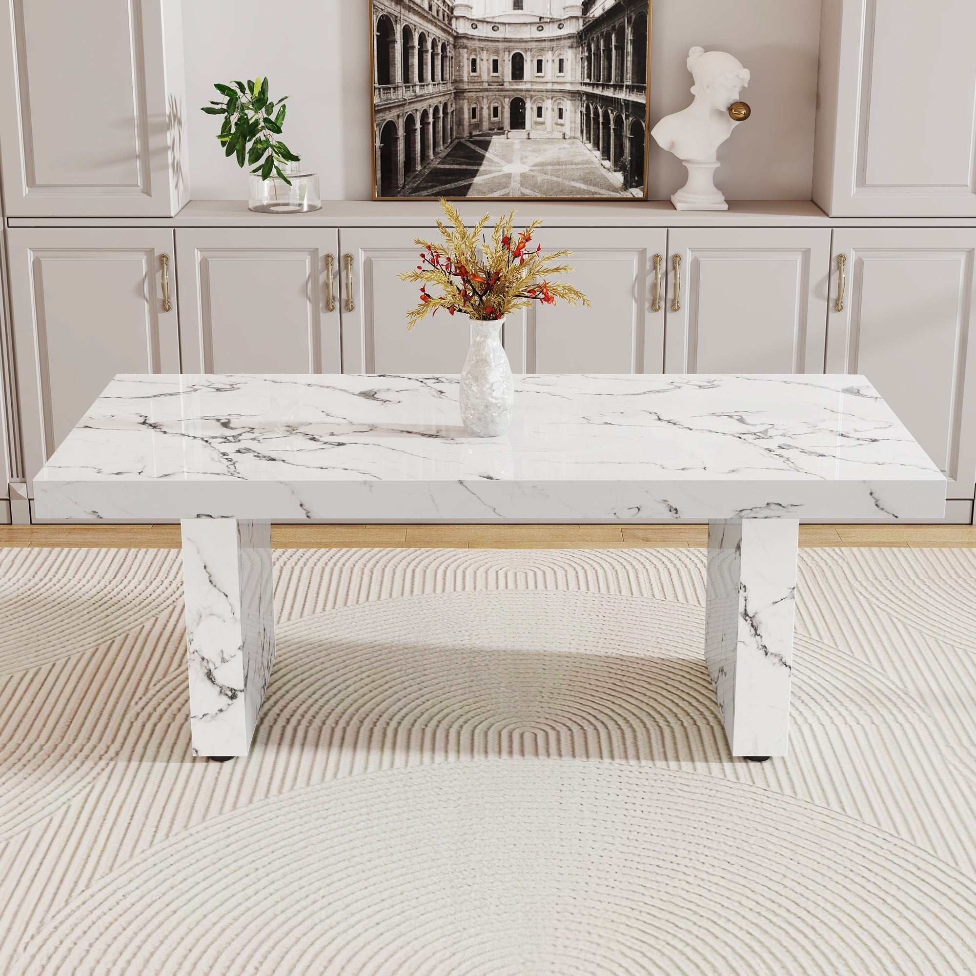 Modern rectangular dining table, office desk. MDF material. The white kitchen dining table has patterns and is suitable for 8-10 people.