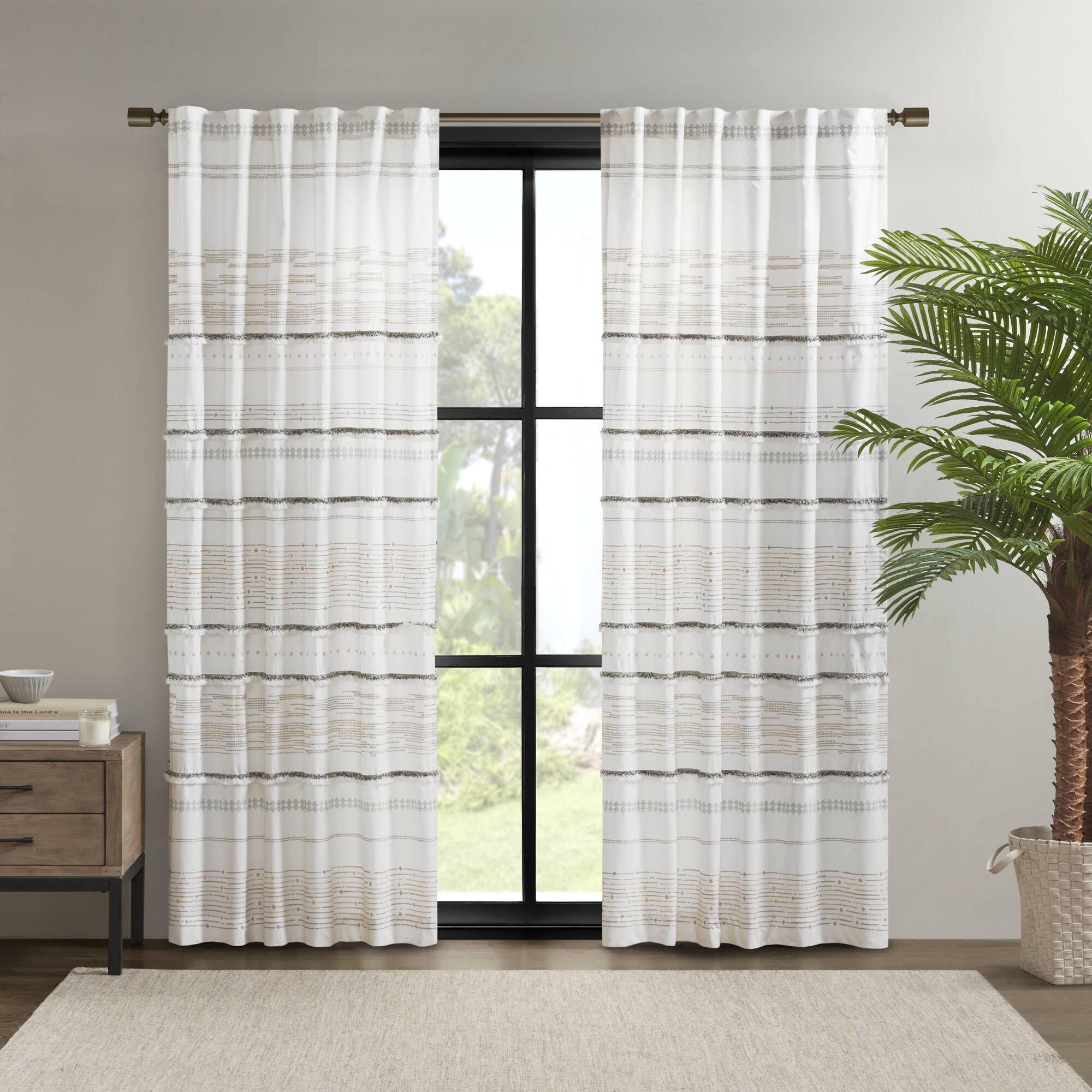 Nea - Printed Window Panel With Tassel Trim And Lining - Off White / Gray