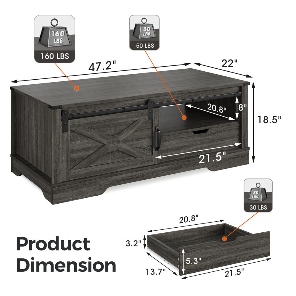 Modern Dark Gray Wood Small Living Room Tables End Side Storage Coffee Table With Storage Barn Door Living Room