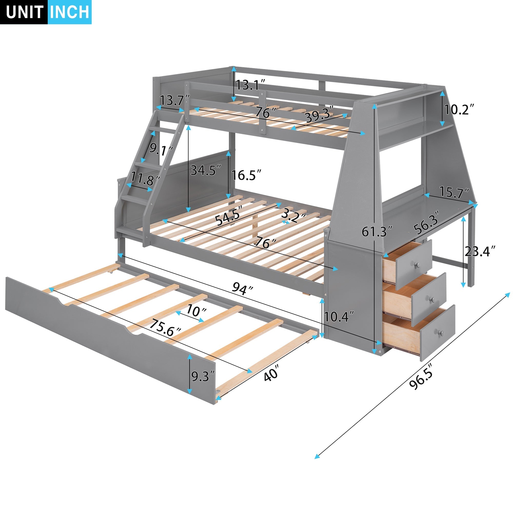 Twin over Full Bunk Bed with Trundle and Built-in Desk, Three Storage Drawers and Shelf,Gray