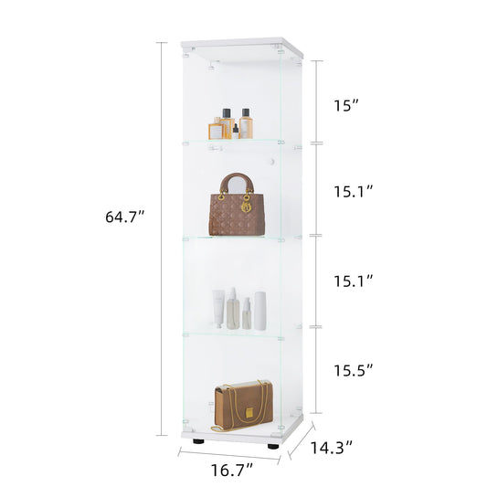 Glass Display Cabinet 4 Shelves with Door, Floor Standing Curio Bookshelf for Living Room Bedroom Office, 64.7"*16.7"*14.3" 
 white