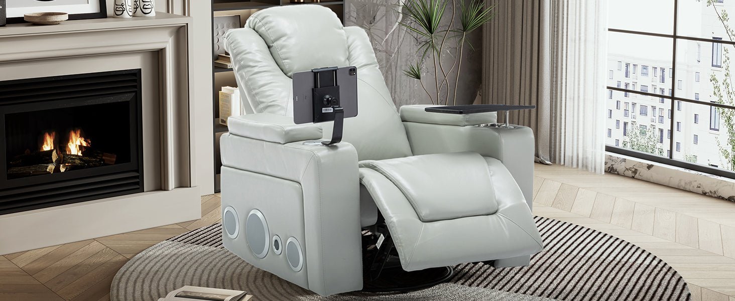 270 Degree Swivel PU Leather Power Recliner Individual Seat Home Theater Recliner with Surround Sound, Cup Holder, Removable Tray Table, Hidden Arm Storage for Living Room, Grey